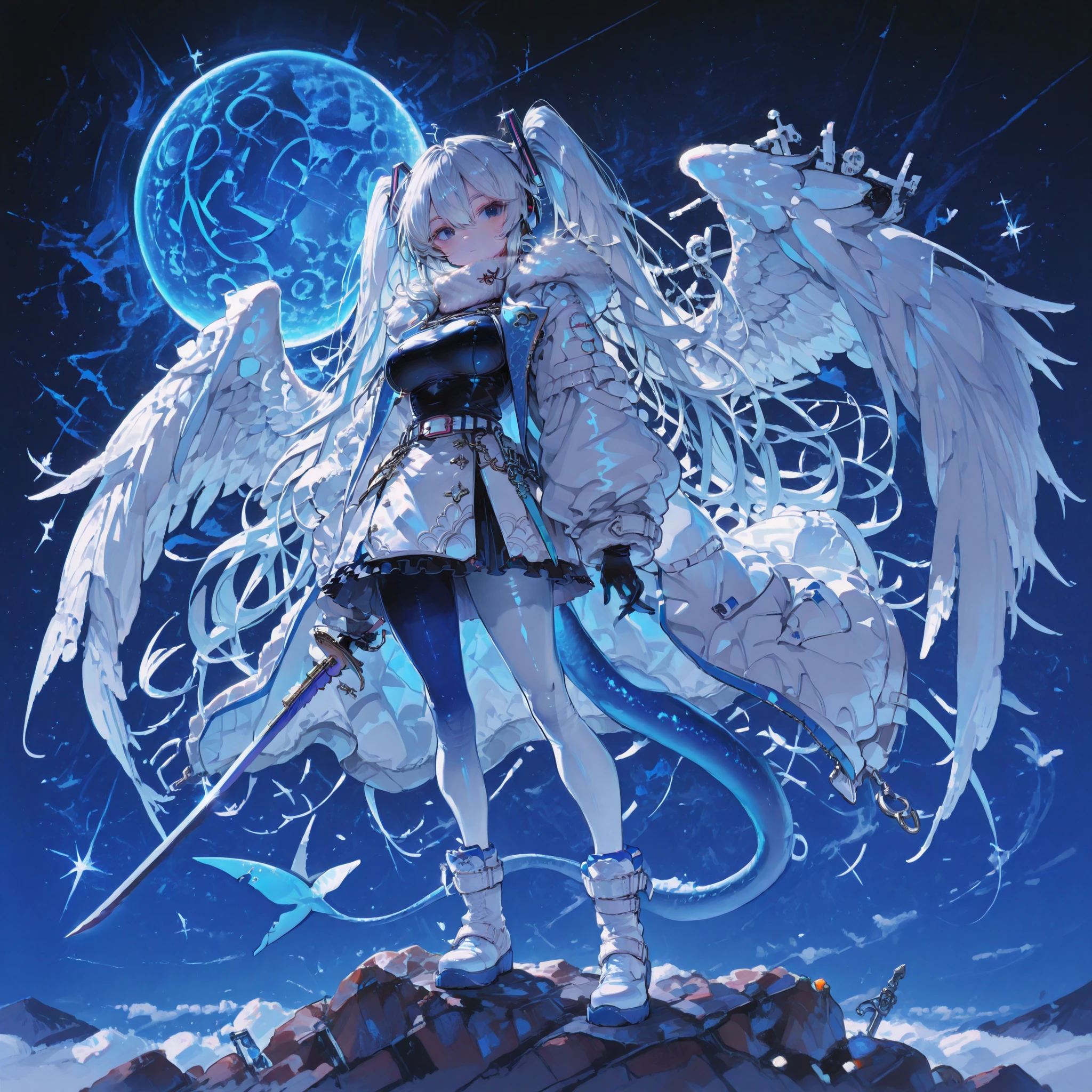 best image quality,High Quality,Super-resolution,solo,vocaloid,hololive,Vtuber,tall（Over 180cm）,boob size is g cup or larger,Big Breasts,blue and white hair,long hair（Hatsune Miku Hair）,Hair grows more than 1 meter,Blue and black eyes,Fully armed ,Heavy Armor,Main colors are blue and white,White rubber suit inside,white neck warmer,White and blue boots,white tights,black gloves,machine's blue and white mask,white and blue coat,turquoise shark tail,Blue and White Nine-tailed Ears,White Wings of the Machine,4 swords on the back,with 2 swords on the belt,Blue and white sword,background is black night sky,Blue Moon,On the rock,standing,standing picture in meadow,I hate you,is staring at me,