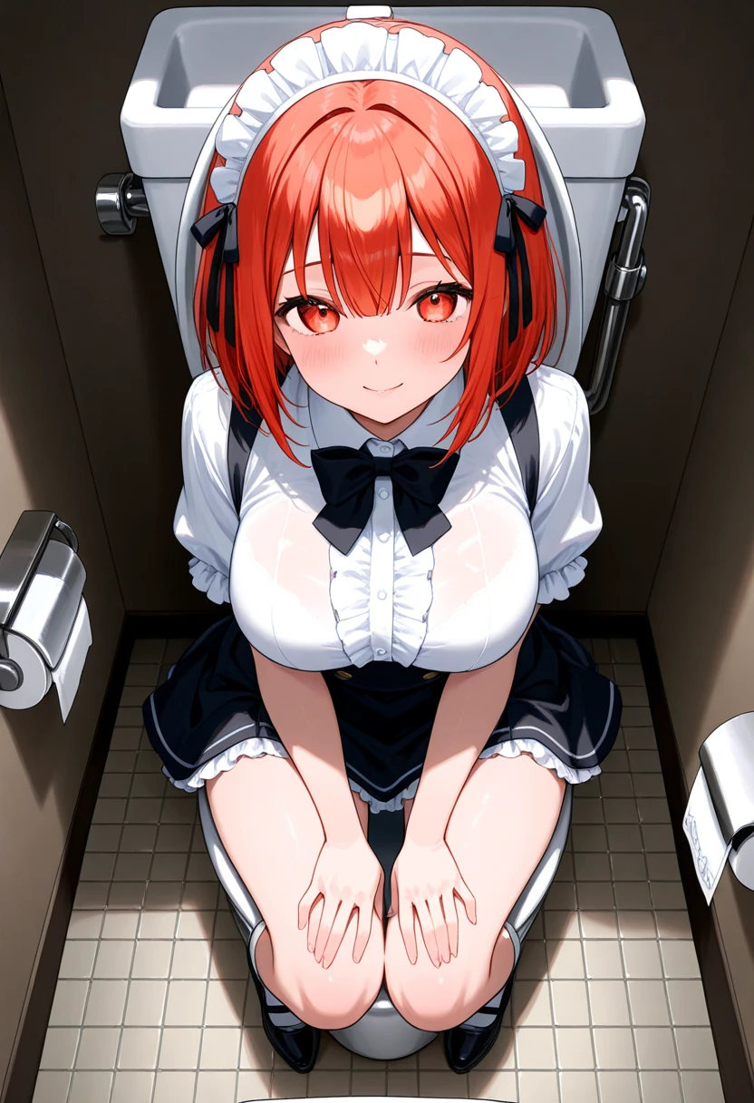 Maid Cosplay、1girl in、((glowy skin))、((cum on chest))、crouching down、opens legs、Opening legs、Thin panties、looking at the viewers、face to viewer、Ruined restroom、red hairs