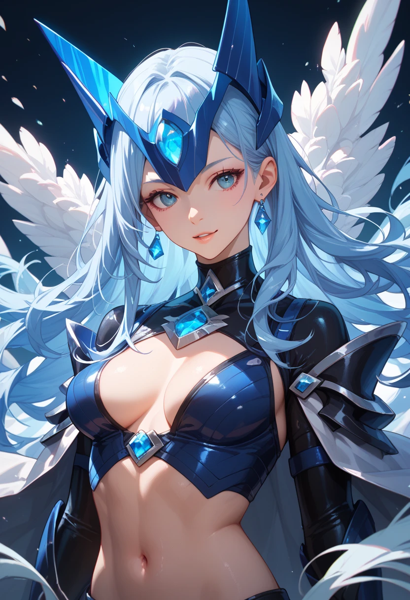 a close up of a woman in a blue dress with a feathered headpiece, detailed fantasy art, epic exquisite character art, 2. 5 d cgi anime fantasy artwork, stunning character art, 4k fantasy art, pale blue armor, highly detailed fantasy art, detailed fantasy digital art, clothed in ethereal armor, fantasy art style, beautiful armor, beautiful fantasy art, , muscular athletic body, large smile