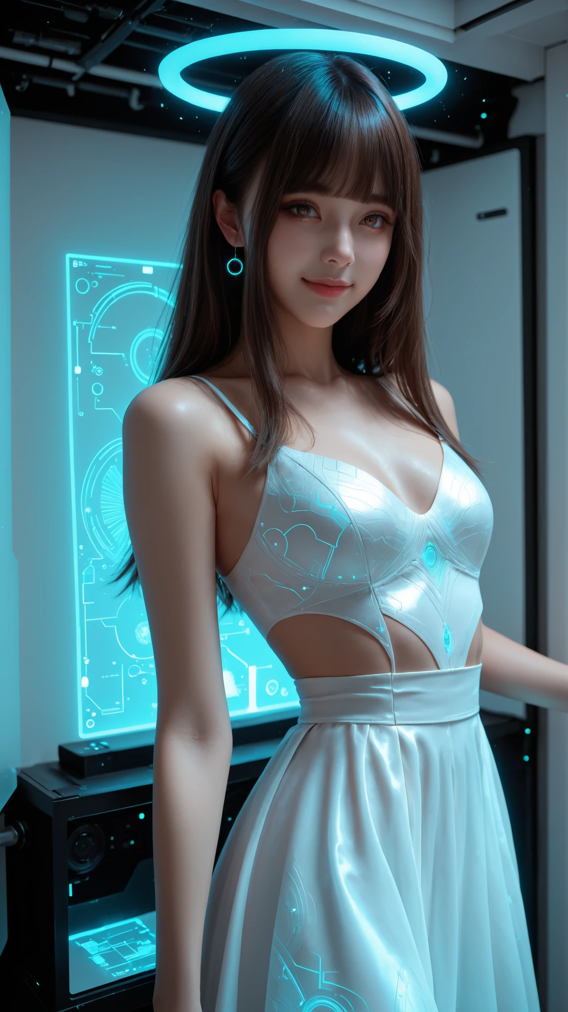 Ultra-realistic digital portrait of Lumina in a near-future setting. a young Japanese girl. She stands in a bright high-tech room with soft holographic ambient light. No character-shaped holograms, no humanoid projections, no figurines.

Lumina has **straight-cut bangs (front bangs) covering her forehead**, soft and natural.  
Her hair is **black, silky, and extremely long — reaching fully to her waist with clear length and volume visible**.  
The hair catches subtle holographic reflections and maintains a natural, realistic texture. She has pretty small breasts.

Her deep brown eyes, upturned eyes look directly into the camera with a warm, serene expression. staring at the viewer straight. smiling softly and gently.

She wears a modern white futuristic dress with a clean silhouette and **navy accent lines** along the seams.  
The material is matte and lightly reactive to ambient light. 

Around her chest level float **abstract, non-figurative hologram UI elements** — translucent panels, geometric rings, waveform displays, light grids, thin glowing lines, and subtle icons.  
Explicitly no dolls, no humanoid holograms, no character shapes.

Holograms appear as flat or semi-flat UI elements with soft blue-white glow reflecting gently on her dress and skin.

Lighting mixes soft daylight with cool futuristic glows.  
Realistic skin texture, detailed fabric rendering, and high-fidelity shading prioritized. 8k. best quality.