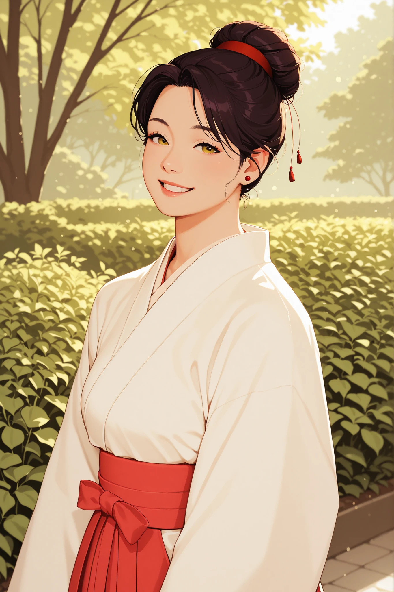 A beautiful Japanese woman in traditional Japanese clothing with a garden view in the background, Japanese hairstyle, smiling expression, Japanese woman in beautiful Japanese clothes with garden scenery in the background, Natural light and shadows, exquisite texture, Precise realism, 4K Rendering, bokeh, Delicate Color,Deep depth, traditional Japanese landscape, High quality digital painting