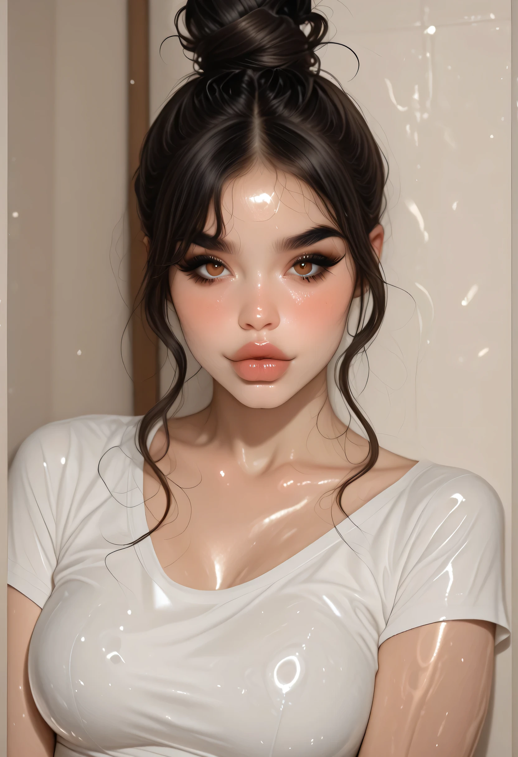 perfect face, bun top knot hair, black hair, black natural eyebrows, brown eyes, black eyeliners, blush, thick lips, beautiful woman, white t-shirt, medium breasts, (shiny skin)