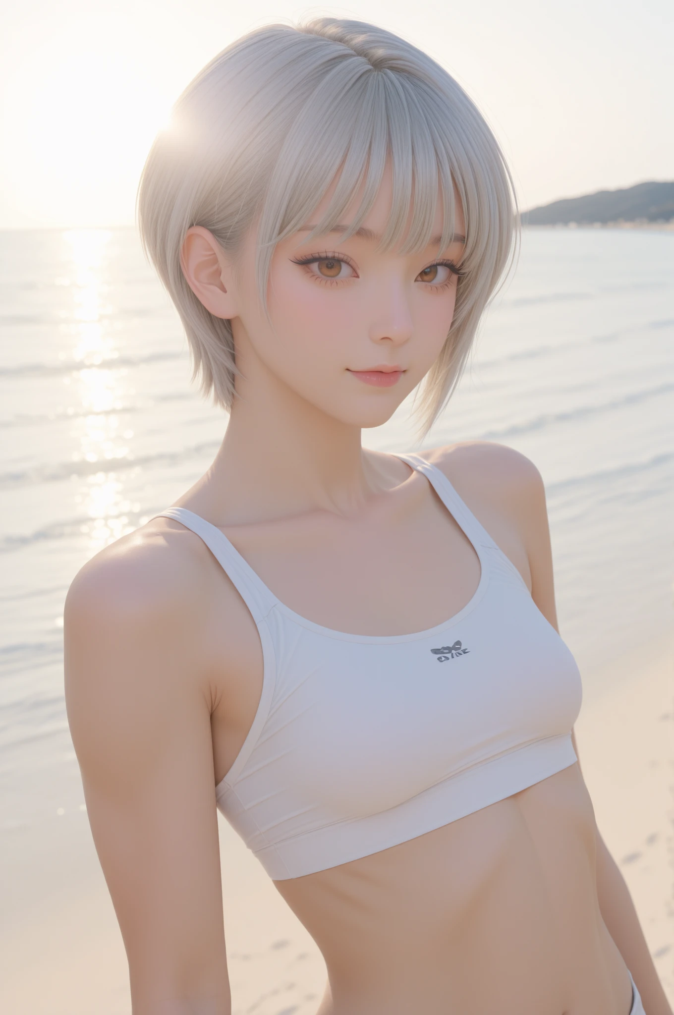 realistic, 1girl, white hair, purple eyes, glowing eyes, crop top, skirt, parted lips, blush, night, flowers, sun, sunlight,