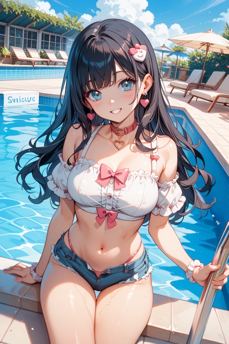 A white shirt with all the buttons fastened、A blue bra is faintly visible through her buttoned up white shirt.、Blue flared skirt、She lifts her skirt to reveal her cute white lace underwear、Spread your legs、A girl with long, shiny black hair and glasses、barefoot、whole body、Sandy beach and blue sky