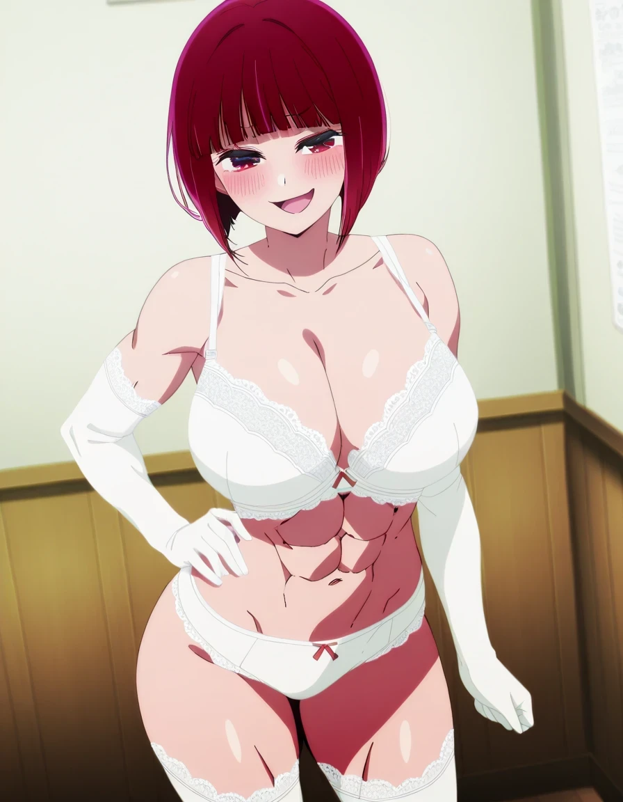 傑作、Best quality、Best resolution、Best image quality、amazing quality、 very aesthetic、 absurdres、anime coloring、anime screencap、anime screenshot、1girl、kana arima、 <lora:kana-arima-s1-illustriousxl-lora-nochekaiser:1> 、kana arima、solo、red hair、blunt bangs、short hair、bobcut、red eyes、mature girl、navel、big breasts、cleavage、large breasts、large boobs、White lace trimmed underwear、pure white bra、abs、midriff、stomach、collarbone、biceps、triceps、deltoids、thigh muscles、pure white panty、white lace trimmed gloves、bra with an pure white、panty with an pure white、indoor、room、class room、white lace trimmed thigh high socks、smile、smug、open mouth、blush、looking at viewer、cowboy shot、female focus、dutch angle、standing、bra and panty only with socks、