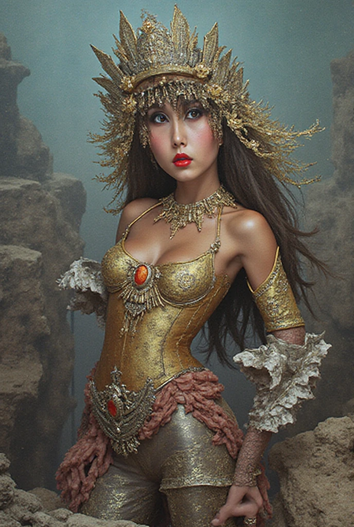 [(best quality, highres, masterpiece:1.2), A half-asian half greek female human sacrifice, bronze skin, inthe style of Boris Valloje, full body portrait, sharp focus, vivid colors, detailed facial features, black curly wavy hair, expressive eyes, full red lips, creative atmosphere, bursts of inspiration,, huge , long legs, teal, bronze, gold, slate, rust, water temple]