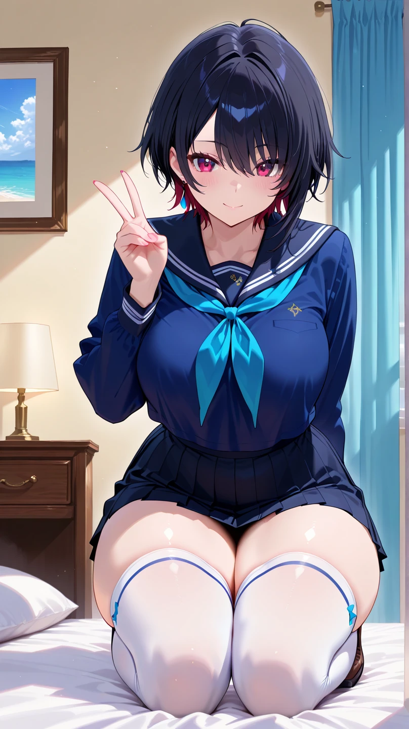 ((Highest quality)), ((masterpiece)), (detailed), Perfect Face、、Big Breasts、Squat、Leg spread、solo、Covered in 、front、 in your 、、、Garter Stockings、Rem、(((Normal position)))Pushing her  aside, her  is visible、、Striped －、Pink Hair