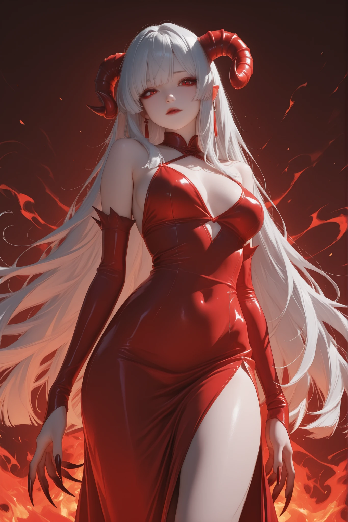 score_9, score_8_up, score_7_up, masterpiece, source_anime,beautiful dungeon master,Watery eyes ,Long silver hair that turns red the further you go to the tip,big red sheep horn, (Elegant long dress,Crimson Gloss Dress,sharp long claws) ,Flying Fireballs,Fire festival,Crimson Hell