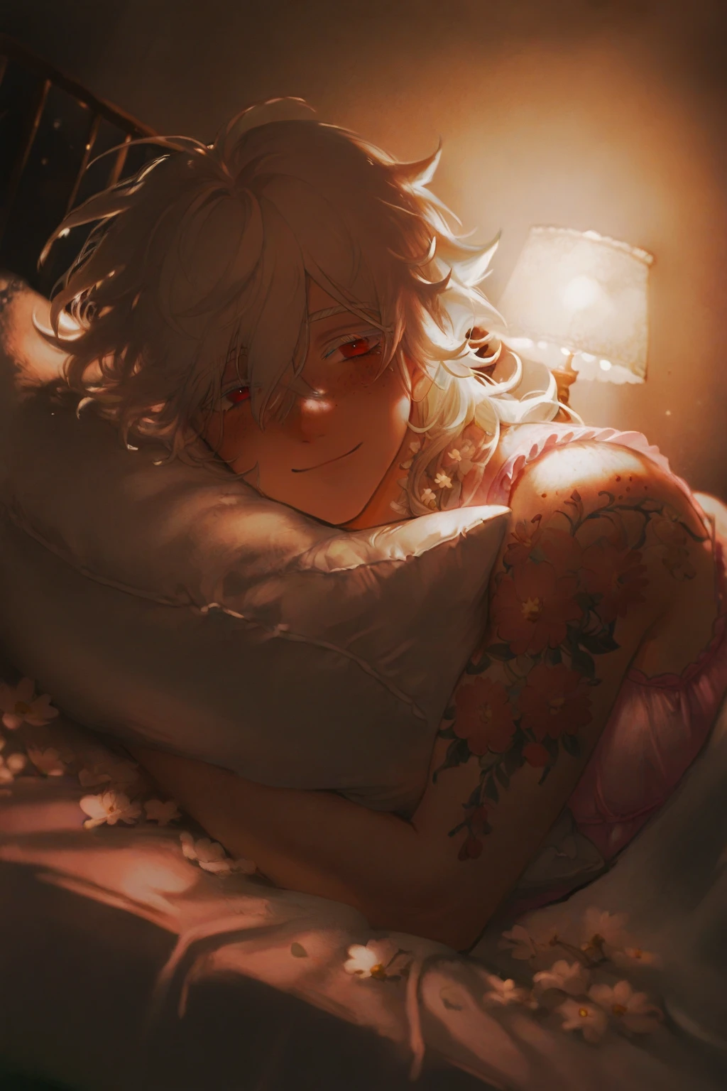 Ultra detailed, Highres, absurdres, HDR, Komaeda Nagito, white hair, silver eyes, Danganronpa,  chest, without shirt, black pants, smirking, lying in a bed, red sheets, petals, hugging a plushie of Monokuma, 1 adult man only, handsome