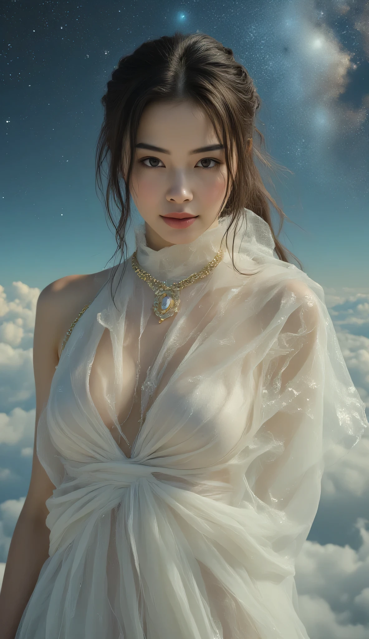 (8K, raw shooting, highest quality), (Realistic, Photorealistic: 1.37), (Very delicate and beautiful work), (Masterpiece), Masterpiece, highest quality, realistic, accurate and perfect human anatomy, shot from the knees up, fantasy world, one goddess, beautiful Japanese goddess flying in the sky on a cloud, beautiful face, detailed and perfect face, perfect proportions, perfect growth, beautiful breasts, slim waist, navel, wide hips, standing posture, real skin, skin texture, smile, person with gentle eyes, dark brown hair, long hair, beautiful curly hair, sweaty and shiny skin, (Dynamic pose: 1.5), big butt, heavenly goddess, celestial maiden, sheer robe, (light and beautiful clothing made from bird feathers), translucent, white, (translucent silk cloth wrapped around: 1.5), pretty face, Detailed face, (semi-transparent robe: 1.5), goddess, face lighting, looking at the viewer, background is space, supernova, Milky Way, nebula, meteor shower, light on face, light from the front,