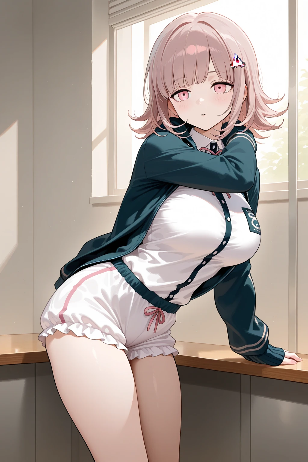 best quality, highres,soft lighting,1girl,look AT VIEWER,masterpiece, best quality, highres, white dress, skirt, cowboy shot, standing, outdoors, (skirt lift:1.3), (:1.2) 1girl, cowboy shot ,hmsl1, beret, x hair ornament, medium hair, pink bow, large breasts, jewelry, pink cardigan, brooch, white shirt, vertical-striped skirt, striped pantyhose,