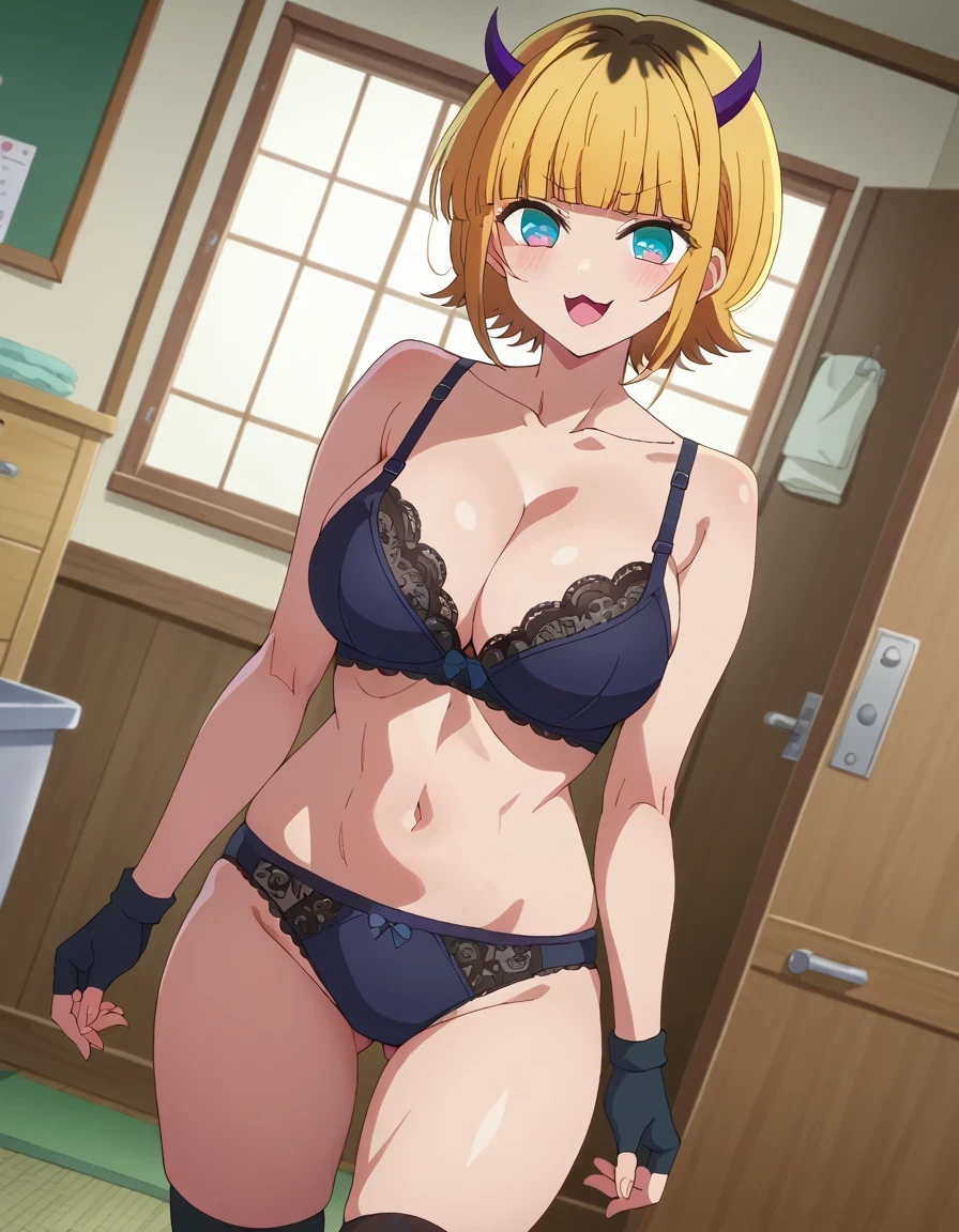 score 9 、score 8 up、score 7 up、source anime、傑作、Best quality、Best image quality、Best resolution、anime coloring、anime screencap、anime screenshot、1woman、 memcho、 <lora:memcho-s1-ponyxl-lora-nochekaiser:1>、memcho、solo、blonde hair、blunt bangs、short hair、blue eyes、horns、demon horns、fake horns、mature lady、navel、big breasts、cleavage、large breasts、large boobs、black lace trimmed underwear、pitch black bra、abs、midriff、stomach、collarbone、biceps、triceps、deltoids、thigh muscles、bare arms、bare hips、bare crocth、bare thighs、pitch black panty、black lace trimmed fingerless gloves、bra with an pitch black、panty with an pitch black、indoor、room、black lace trimmed thigh high socks、smile、smug、open mouth、adultily、looking at viewer、cowboy shot、female focus、dutch angle、standing、bra and panty only with socks、