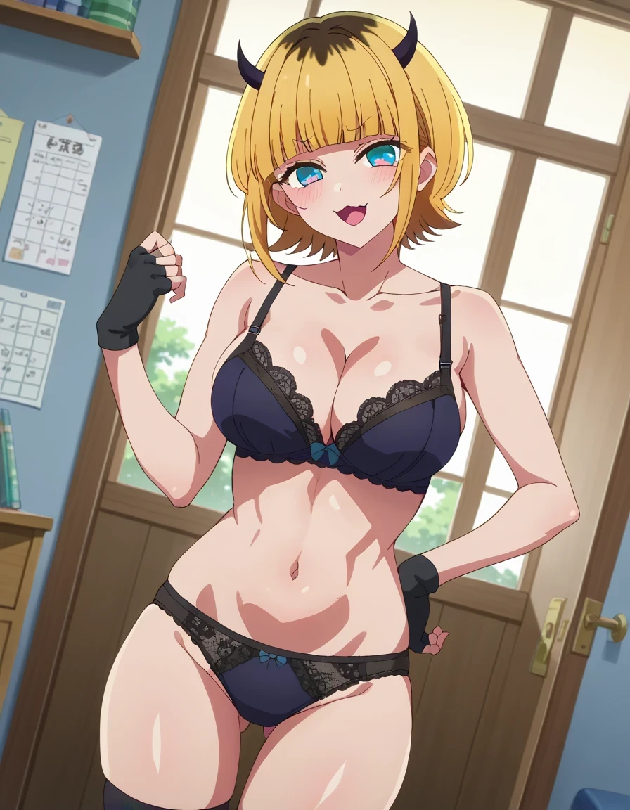 score 9 、score 8 up、score 7 up、source anime、傑作、Best quality、Best image quality、Best resolution、anime coloring、anime screencap、anime screenshot、1woman、 memcho、 <lora:memcho-s1-ponyxl-lora-nochekaiser:1>、memcho、solo、blonde hair、blunt bangs、short hair、blue eyes、horns、demon horns、fake horns、mature lady、navel、big breasts、cleavage、large breasts、large boobs、black lace trimmed underwear、pitch black bra、abs、midriff、stomach、collarbone、biceps、triceps、deltoids、thigh muscles、bare arms、bare hips、bare crocth、bare thighs、pitch black panty、black lace trimmed fingerless gloves、bra with an pitch black、panty with an pitch black、indoor、room、black lace trimmed thigh high socks、smile、smug、open mouth、adultily、looking at viewer、cowboy shot、female focus、dutch angle、standing、bra and panty only with socks、