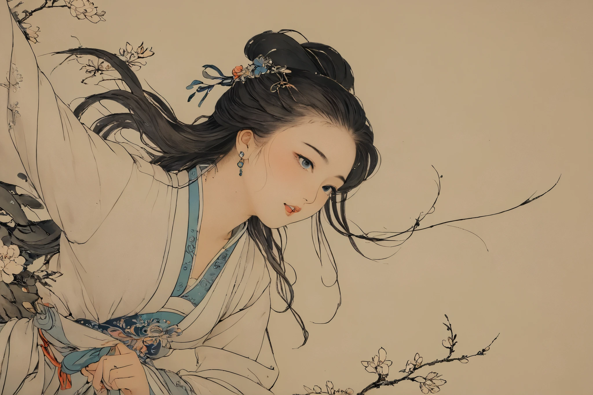 (((stylized traditional chinese painting, manga))), flowers, in traditional close hanfu, windy aerial hair, soft diffused lighting, angle from below, loose wavy hair,