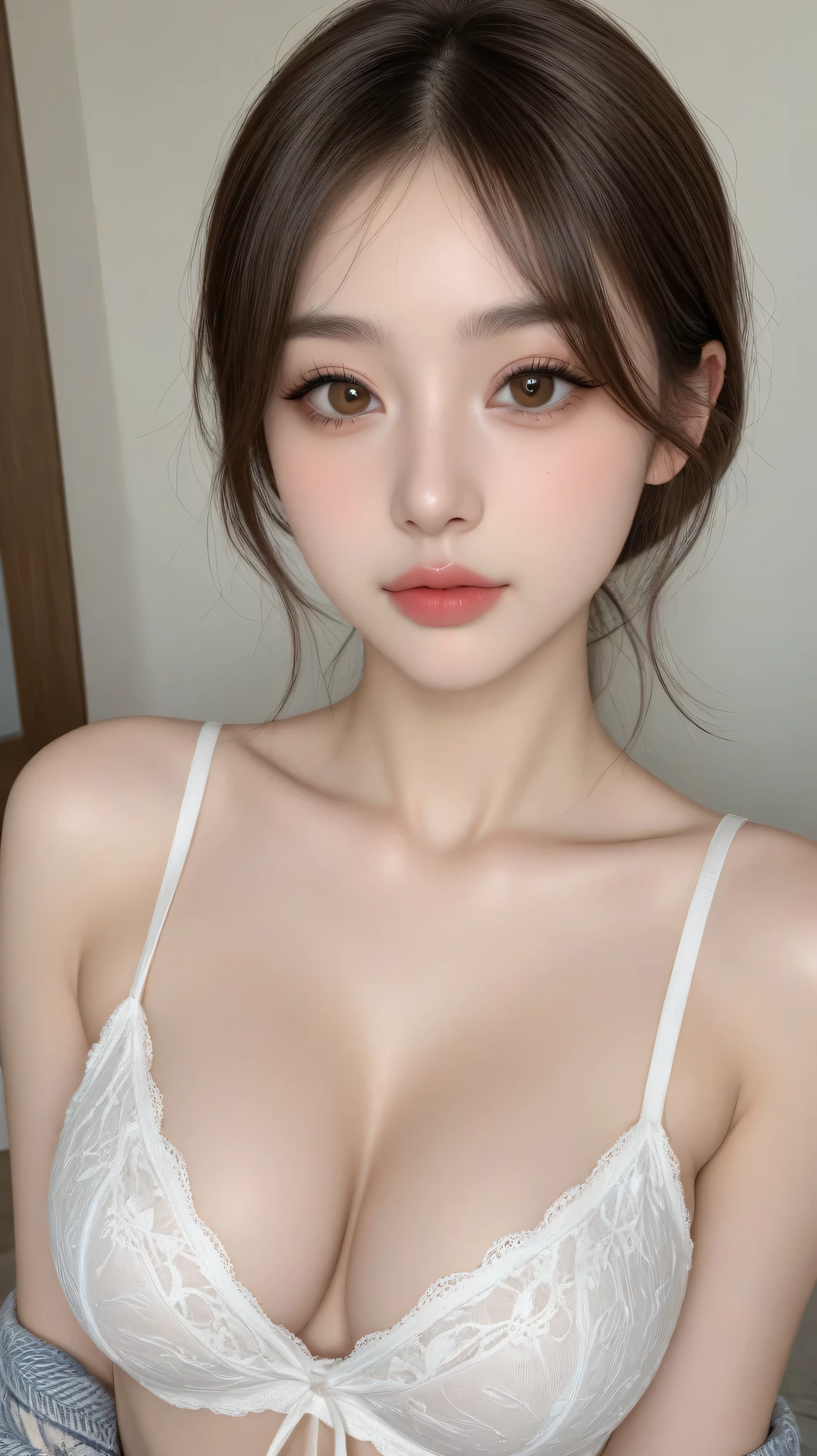 masterpiece、top quality、amazing quality、4K、very aesthetic、High Resolution、Super Detailed、perfect face、I'm showing off my delicate and real 、chest、Clear skin、Natural Skin、Charming, Delicate, Big Eyes、Brown Eyes、Charming Cleavage、