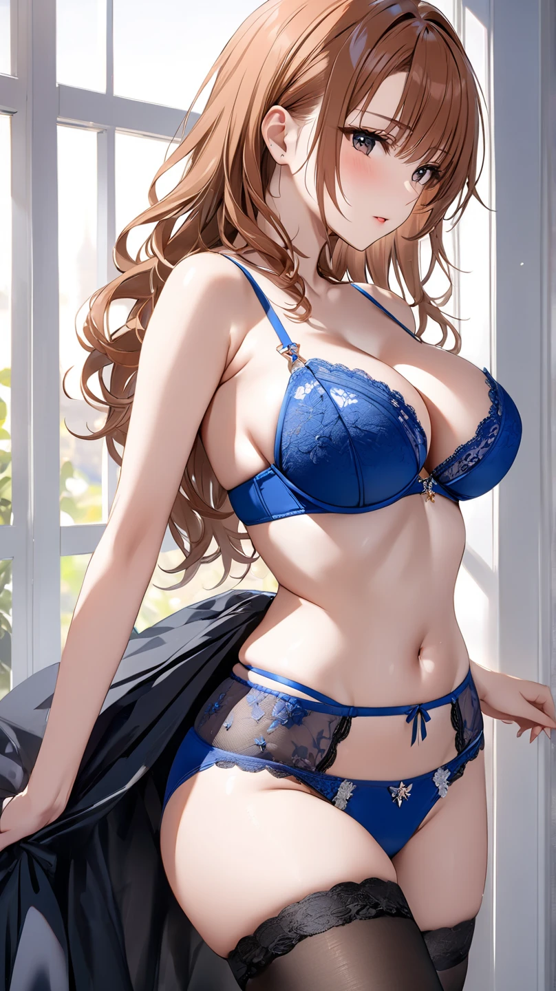 (((masterpiece, Highest quality, High resolution, 超High resolution, Perfect Pixel, Depth of written boundary, 4K, RTTX 10.0))), Beautiful Anime Women, Beautiful art style, Anime characters, ((Smooth texture, Realistic texture, Anime CG Style)), Exact finger count、Exact number of legs、(Exact number of arms:1.0, Exact number of hands:1.0), (Perfect hands, Perfect ), Cinematic, Realistic, Extremely detailed CG, Daytime lighting, Perfect lighting, Best Shadow, The best natural light, whole body, Perfect body, バランのとれたPerfect body, Perfectly balanced style, (Slender body:1.2), ((Long Hair, bangs, Reddish brown hair, Stylish hairstyle)), ((A cute woman stands with her hands in her :1.8)), (Put one hand in your :1.8), (:1.8), (:1.5), ((Bow tie around neck, High heels:1.3), (Sexy and cute blue and white :1.3), (Stylish shiny blue and white satin , Side-tie , The  are plain blue and white in the center with lace decoration on the sides.:1.3), (Thin :1.3), (Blue and white micro lace satin , Blue and white  with lace trim, Thin :1.3), (garter belt, Black knee socks:1.3):1.3), (Beautiful big , Cleavage:1.1), (Embarrassed expression:1.4), blush, ( pleasure expression:1.5), (The expression of someone who is holding in the toilet:1.4), (Look up, Mouth half open, Half-close your eyes:1.4), (Stylish bar, Stylish restaurant, Many customers in the background, A busy store, Chair, table:1.3), , In , Waitress in , (Frilly maid-like headband:1.2), whole body, Angle from the front, chizuru