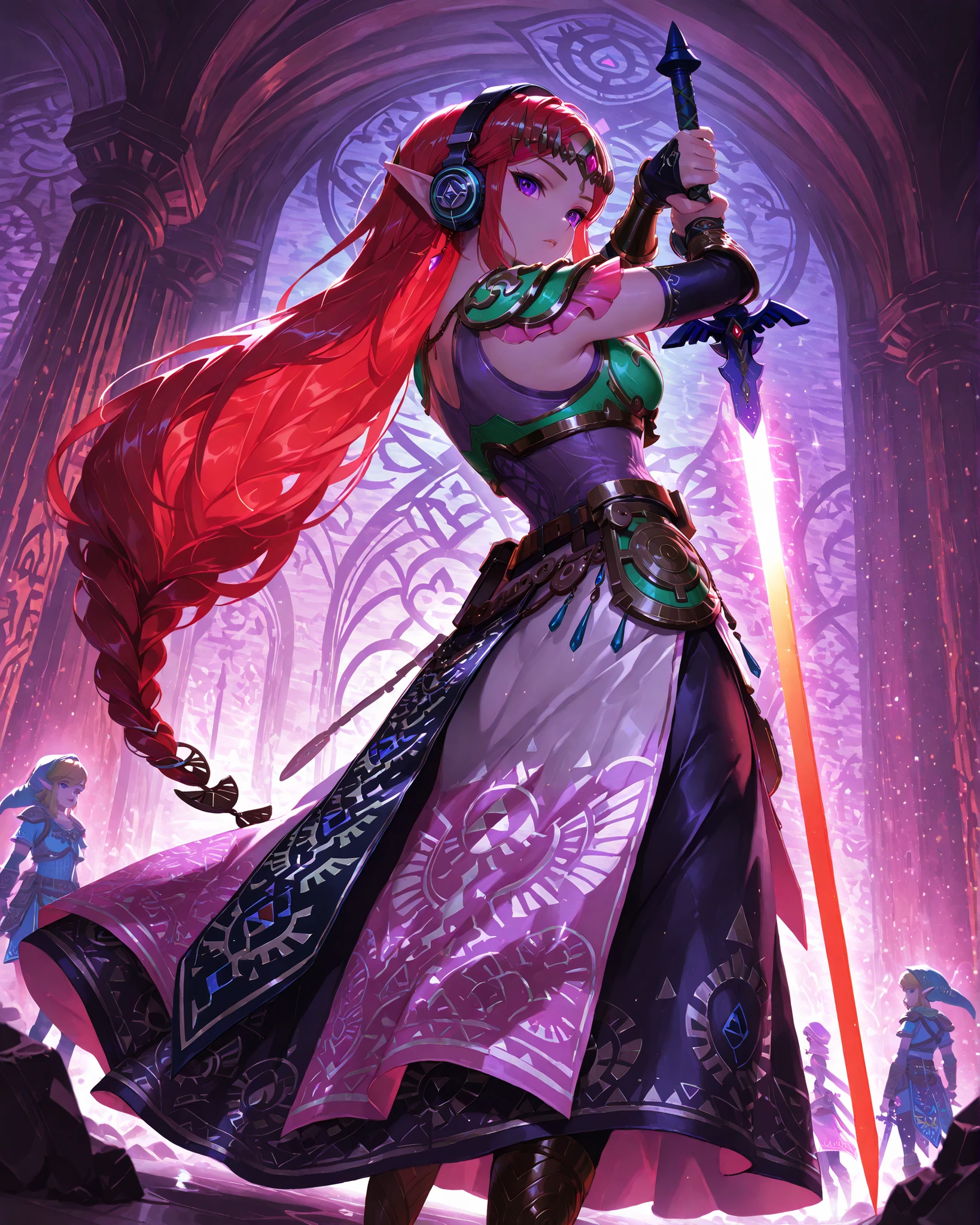 Frontal angle, (masterpiece, 4K, ultra-detailed, vivid and vibrant colors), {Jessy}: (a beautiful and attractive woman with long red hair and purple eyes, wearing headphones, wearing Zelda-inspired armor, standing, raising a sword towards the sky, dynamic and determined expression), background like a retro video game, illuminated and with natural shadows.