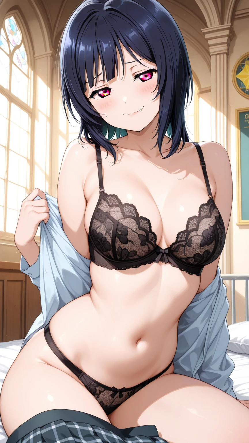 Night time,(Masterpiece), Best Quality, ultra-detailed, 1girl (rinko_iori, Slender and ???? body, ?????????????, wide ????, ??????????, dark blue hair, long wave hair, blue eyes,  half-closed eyes), evil face,  wicked  smile,parted lips, mascara, full makeup, red lipstick, hookerchic, facing viewer, looking at viewer, solo,  purple lace bra, purple lace panties, bedroom, standing,  , ???? waist teasing,hands  up , 