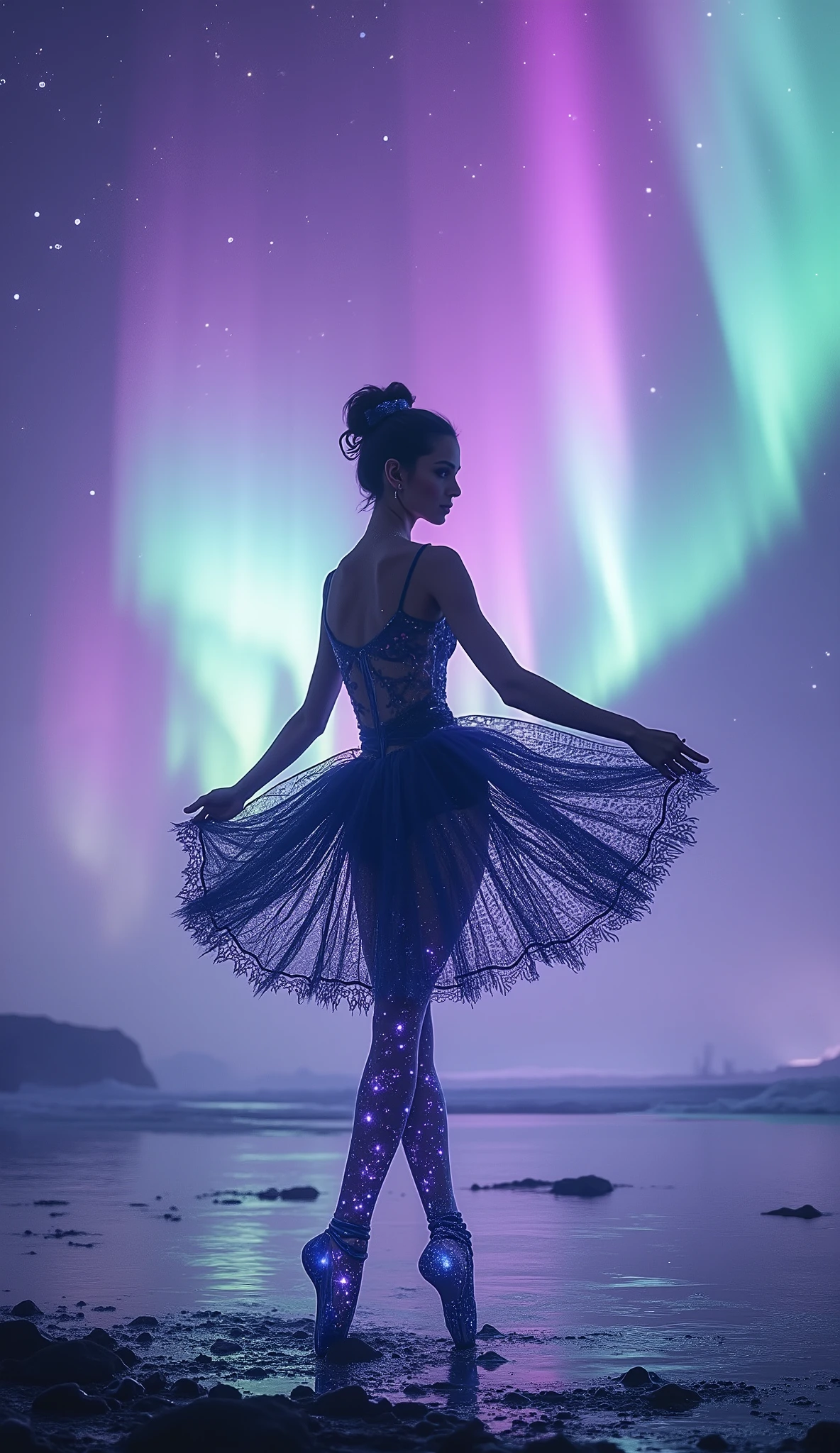 A Mystical Aurora Silhouette of a dancing ballerina, with dark, intricate outlines against a backdrop of vibrant aurora lights. Use a color palette of lavender and mint green to create a mesmerizing and ethereal atmosphere --ar 3:2 --v 7.0