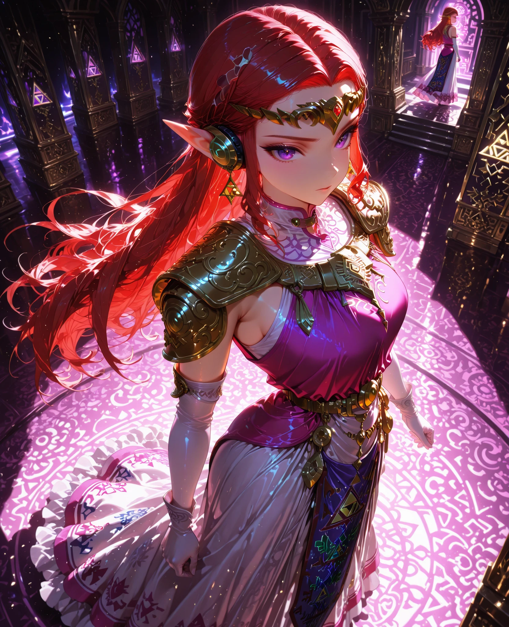 gold tiara, earrings, gold armor, shoulder armor, long dress, white dress, magenta tunic, sleeveless tunic, tabard, elbow gloves, white gloves,high angle, (masterpiece, 4K, ultra-detailed, vivid and vibrant colors), {Jessy}: (a beautiful and attractive woman with long red hair and purple eyes, wearing headphones, wearing Zelda-inspired armor, standing dynamic and determined expression), background like a retro video game, illuminated and with natural shadows.