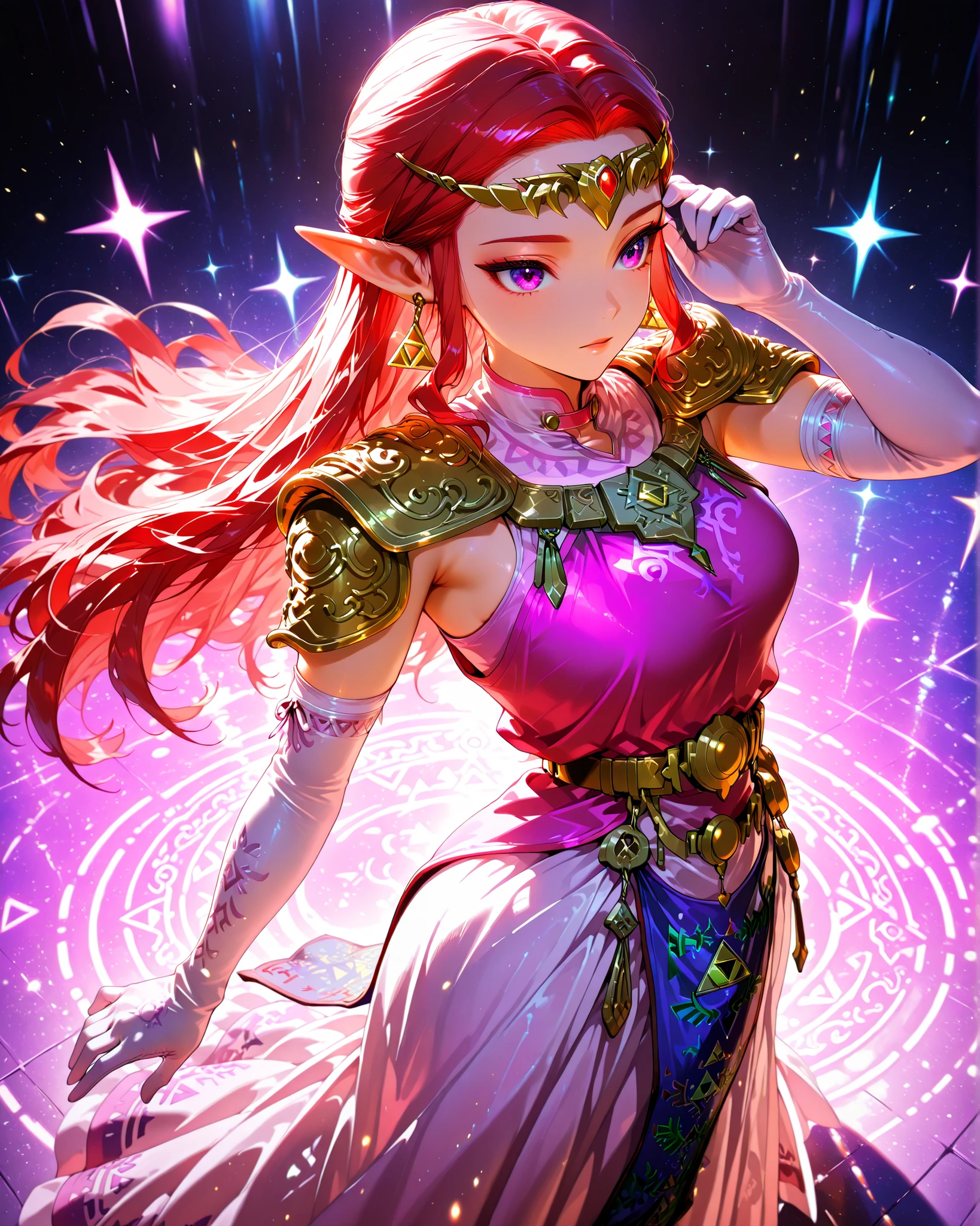 gold tiara, earrings, gold armor, shoulder armor, long dress, white dress, magenta tunic, sleeveless tunic, tabard, elbow gloves, white gloves,high angle, (masterpiece, 4K, ultra-detailed, vivid and vibrant colors), {Jessy}: (a beautiful and attractive woman with long red hair and purple eyes, wearing headphones, wearing Zelda-inspired armor, standing dynamic and determined expression), background like a retro video game, illuminated and with natural shadows.