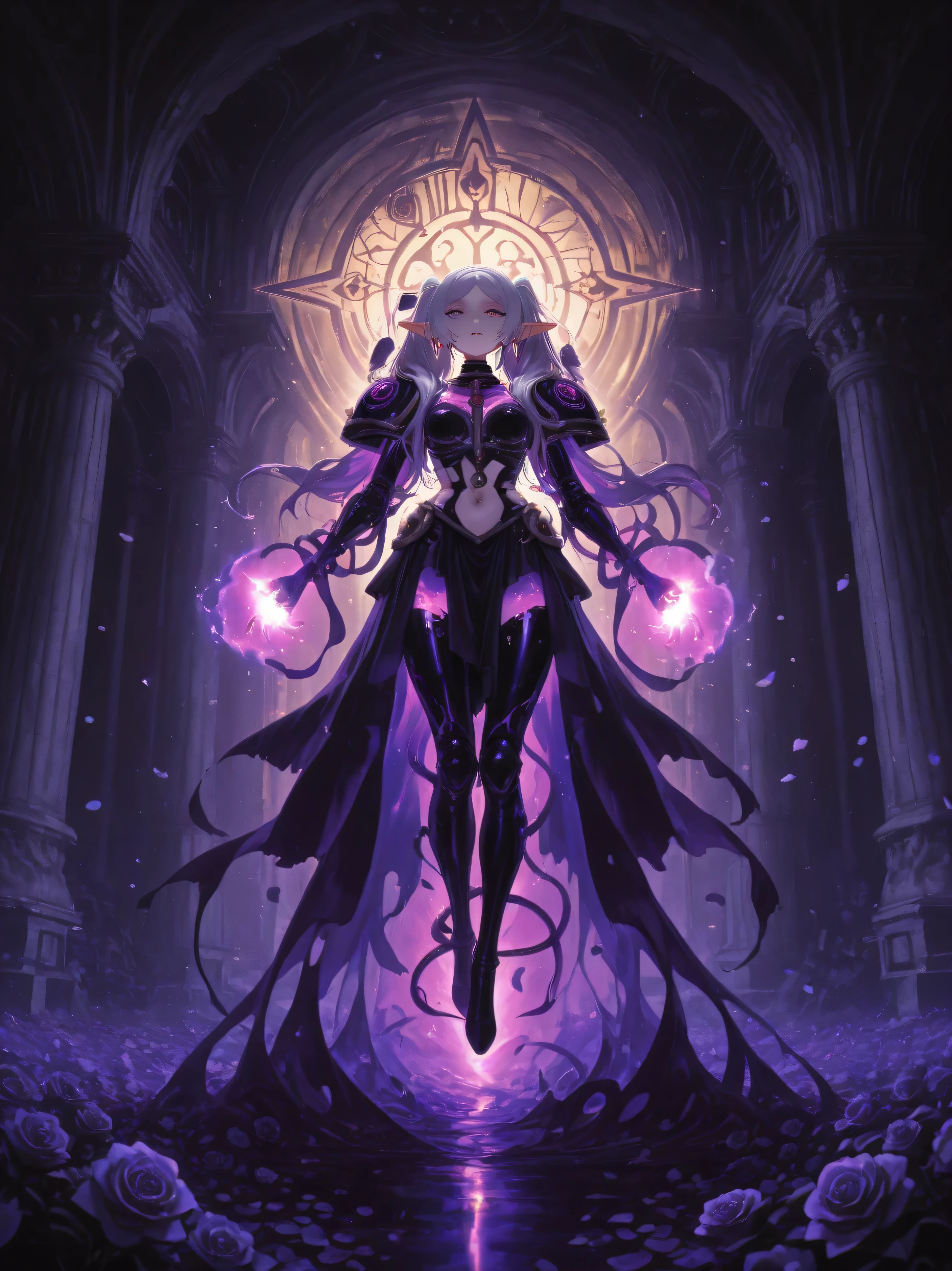 Frieren from Frieren: Beyond Journey's End, fully corrupted as a Slaanesh champion, wearing elegant yet disturbing power armor, pearlescent and translucent plates revealing corrupted skin beneath, Slaanesh symbols glowing with purple energy, flowing ribbons replacing purity seals, eyes glowing with purple warp energy, skin showing pearlescent corruption marks, demonic features with an androgynous beauty, forked snake tongue flickering between lips, floating in mid-air, surrounded by swirling purple and pink warp energy, floating rose petals mixed with blood, impossible geometry, Slaanesh symbols in the air, corrupted imperial architecture with elegant curves, golden light turning into sickly purple, dramatic lighting, volumetric rays, atmospheric perspective, highly detailed, cinematic composition, 8k resolution, Warhammer 40K style