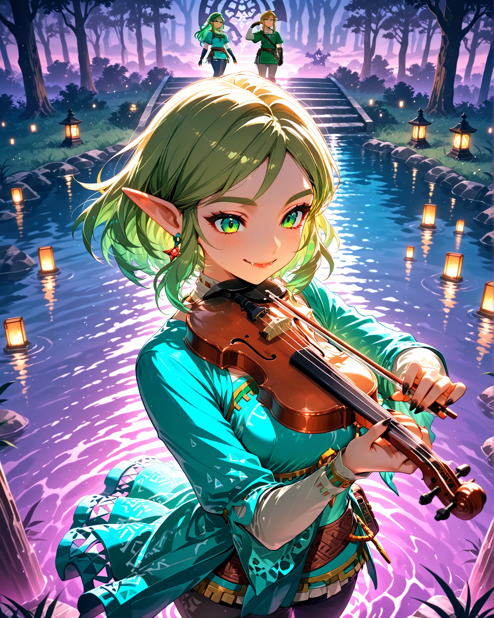 link,High angle, (masterpiece, 4K, ultra-detailed, vivid and vibrant colors), {lephanie}: (a beautiful and attractive woman with short green hair, green eyes, wearing a blue outfit inspired by The Legend of Zelda, playing the violin while standing with a smile on her face showing vampire fangs), background like a retro video game, illuminated and with natural shadows.