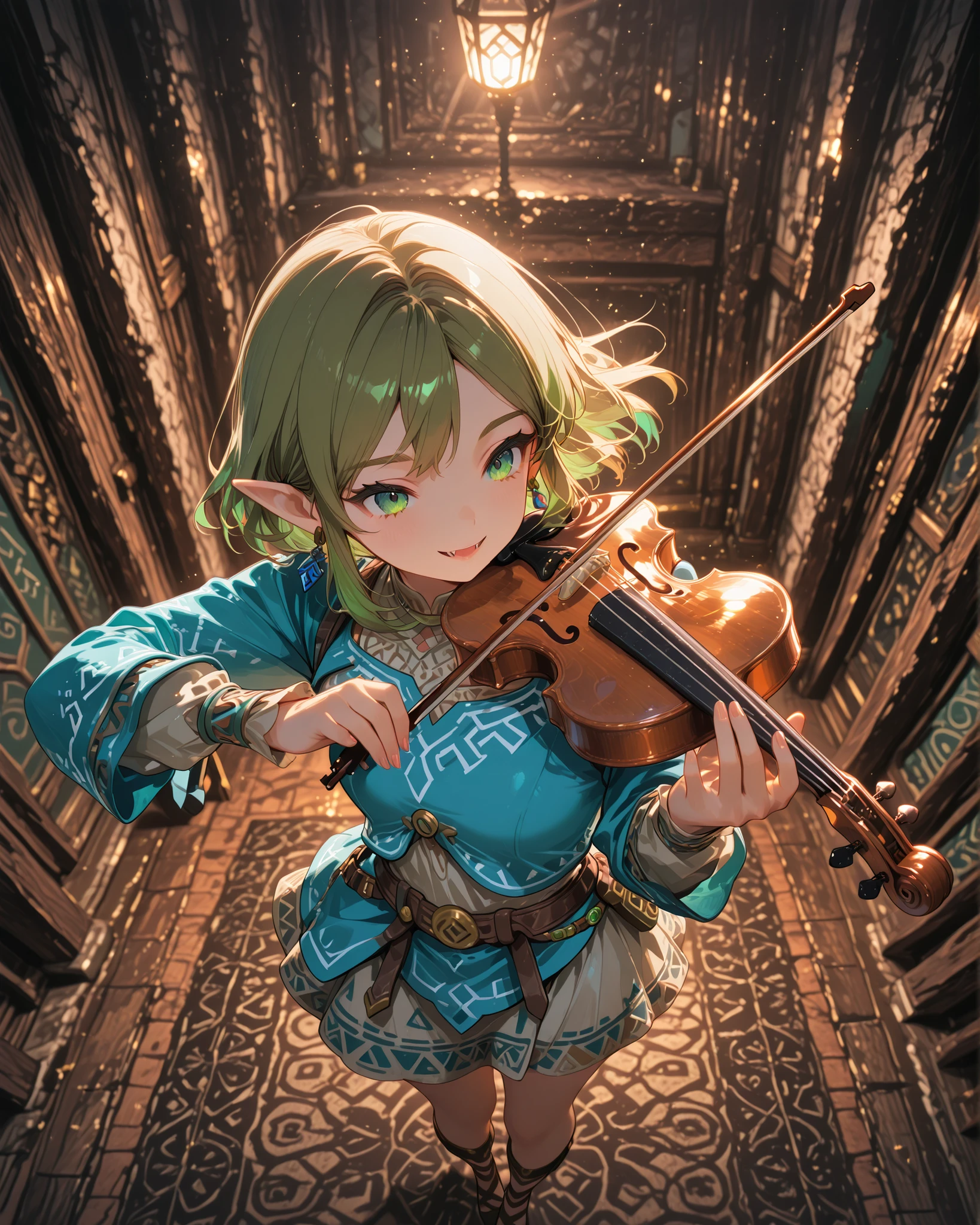 link,High angle, (masterpiece, 4K, ultra-detailed, vivid and vibrant colors), {lephanie}: (a beautiful and attractive woman with short green hair, green eyes, wearing a blue outfit inspired by The Legend of Zelda, playing the violin while standing with a smile on her face showing vampire fangs), background like a retro video game, illuminated and with natural shadows.