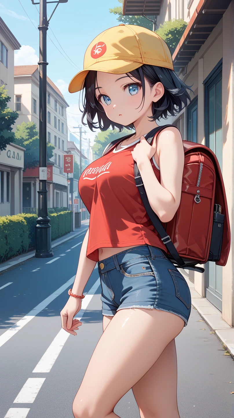 4K, (work of art), highest quallity, 2d, ((rebeld girl)), (teenage anime girl), (shirt cute, bear shirt, Punk Girl, in a bike, short hair with long bangs, heterochromatic eyes, ssmile, full height, clean eyes, black eyelash, (intrincado detalhado), dramatic, makoto shinkai