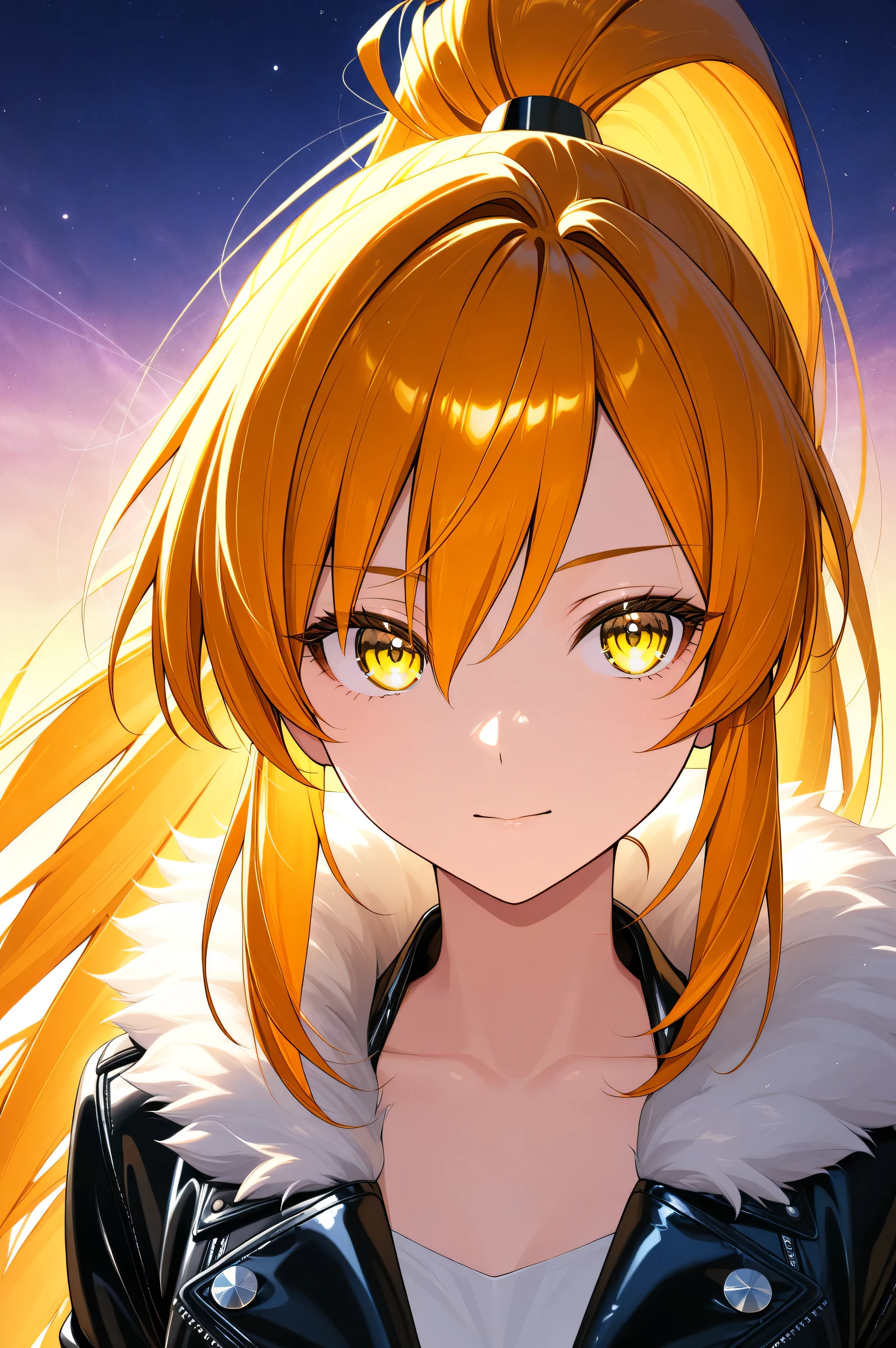 (woman with orange super long hair in a high ponytail)、Neon Yellow Eyes、Natural look looking into the distance、black leather jacket、Woman with fur collar、face close-up、(fantastic dawn background)、Superb、beauty、top quality