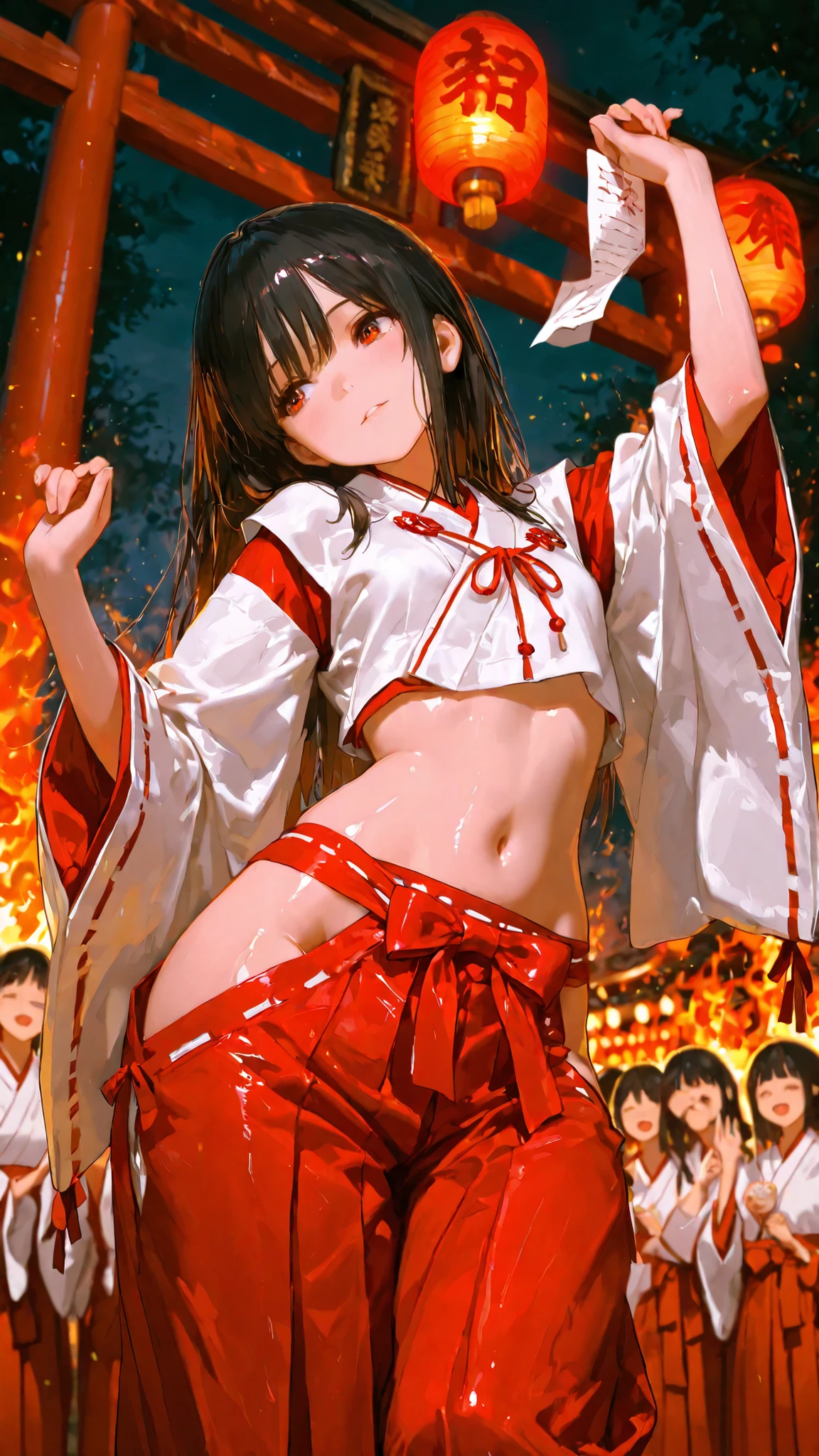 best quality, photography, finely detail, young shrine maiden, authentic miko attire, long black hair, white and red traditional outfit, extending arm forward to camera, direct eye contact, night time fire festival, dancing flames lighting her face from below, sacred torii gate visible behind, festival crowds in soft focus, handheld paper lantern in her other hand, immersive first-person view, Japanese cultural celebration,wide hips,lowleg hakama, face focus, head tilt, shiny skin, navel