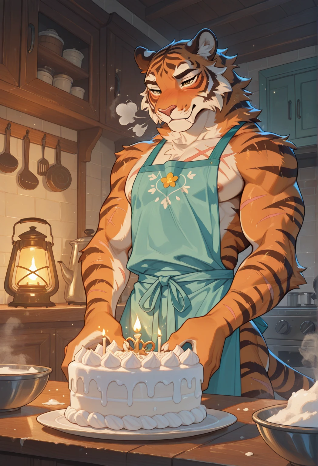 ((disney style)),((Cartoon)),Publaz, (Anthropomorphic black tiger:1.1), (((black fur:1.2))),((black tone)), golden eyes, (muscular body), perfect eyes, Handsome, (nice), ((:1.3)), Sweat beads, Express, (living room background),(((Half-length close-up:1.1))),(Shy and joyful eyes:1.1),(black tiger tail),Different pupils,(perfect masterpiece),(16k),((black belly:1.6)),(((blackfar:1.6))),(abdominal muscles),(((middle aged:1.4))),(36 years old),((golden stripes,golden face pattern:1.5)),(((blackhead))),solo,((black sideburns:1.3)),(black chest hair:1.5),(Black mouth:1.1),((Black beard:1.2)),((black jaw:1.2)),(( dickdick:1.5)),(covered in cream:1.2)(Cake on the table:1.3),(wishing gesture:1.2),(With birthday hat:1.3)