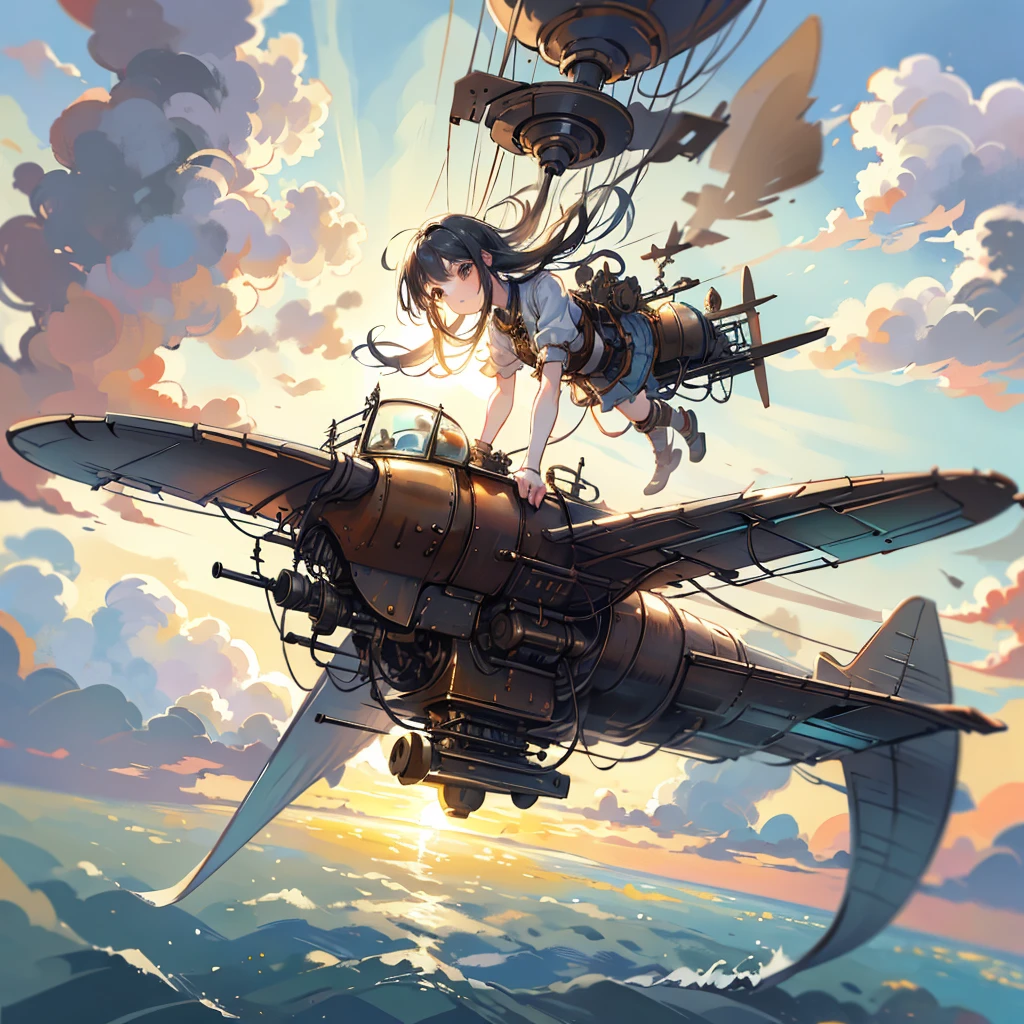 Chinese ink style，Steampunk world，Girl piloting steampunk flying machine，Suspended in the air of the city，Thick clouds，Ink animation art，Comic ink art，water ink，shadowing，dyeing，8K，Delicate depiction，Works of masters，