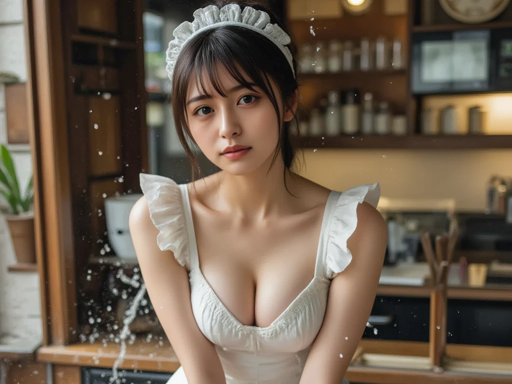 (masterpiece, highest quality:1.2), 8K, official art, RAW photo, incredibly absurd, 🌿🌺🌻🌸🌲🌳🍃👙🙃😍☺️、(whole body, french maids:1.4), beautiful girl, 18-year-old、cute face, arch back, close,gardenia, Biolace, (frosted glass room、vapor:1.2)、look up, film grain, chromatic aberration, sharp focus, face light, dynamic lighting, cinematic lighting, detailed eyes and face, background bokeh, (be given a shower、get wet、bubble:1.5)、apply body soap、one girl、blush、look at the audience、(huge :1.2)、wet hair、shiny hair、wet face、wet skin、wet body、wet costume、flower、hairpin、necklace、earrings、written boundary depth、尖ったred mouth、red mouth,clavicle、beautiful fingers、Loosen your tie、cute wet face、Clothing that gets wet and sticks to your body、Wet transparent clothes、cowboy shot、view from below