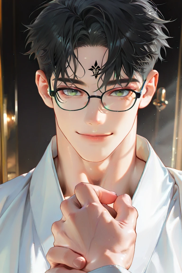 1boy,10 talents、(Man's :2) ,Handsome boy,A dark-haired,Hairstyle short,(Upper body :1.5)、mid night 、In the room、dark ilumination、hightquality、masutepiece,8K,,eye glasses