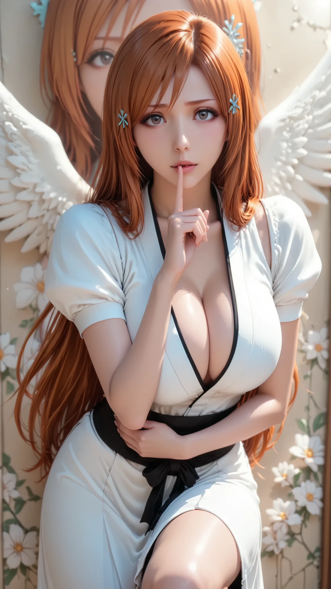 Orihime Inoue,3d animation, solo girl, ((orihime)), ((anime bleach tybw))beautiful face, long hair ((orange)), eyes ((brown)), lips ((pink)), big breasts with prominent cleavage, she wears clothes like in anime, she poses standing casually with style, ((index finger touches lips)), ((other hand on waist)), ((one leg forward slightly bent)), she stands in front of a wall decorated with ((mural)) with intricate and beautiful designs, mural with the words ((BLEACH, thousand year blood war))., high detail, cinematic lighting, anatomically correct, accurate, masterpiece, high quality, super detail, UHD, 8k