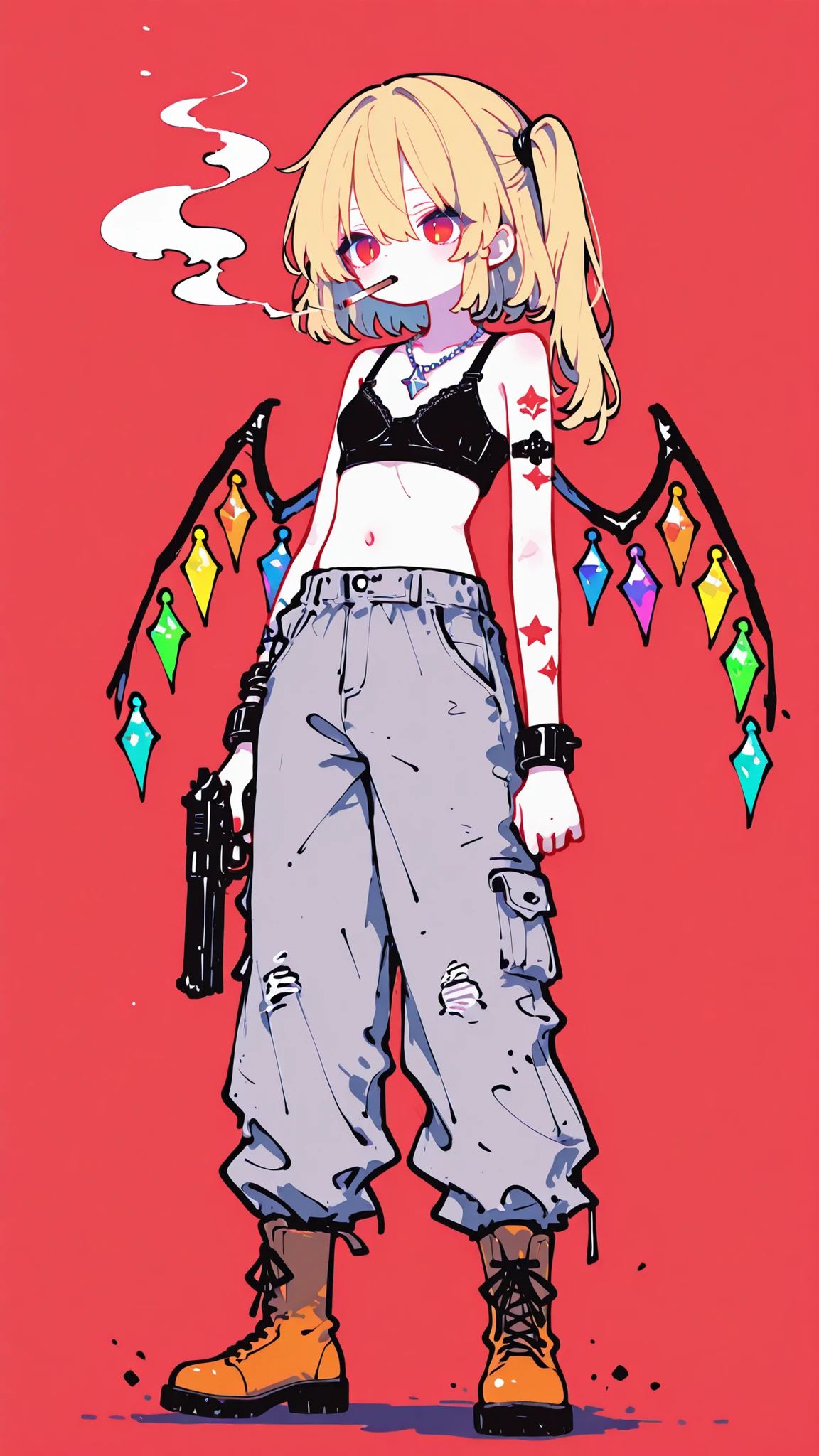 zzFlandre, red eyes, blonde hair, one side up, hair between eyes,
a girl, she is wearing cropped black bra, diamond stone necklace, saggy grey pants and orange combat boots, smoking blunts, smoking, red background, having a handgun, tattooed arm