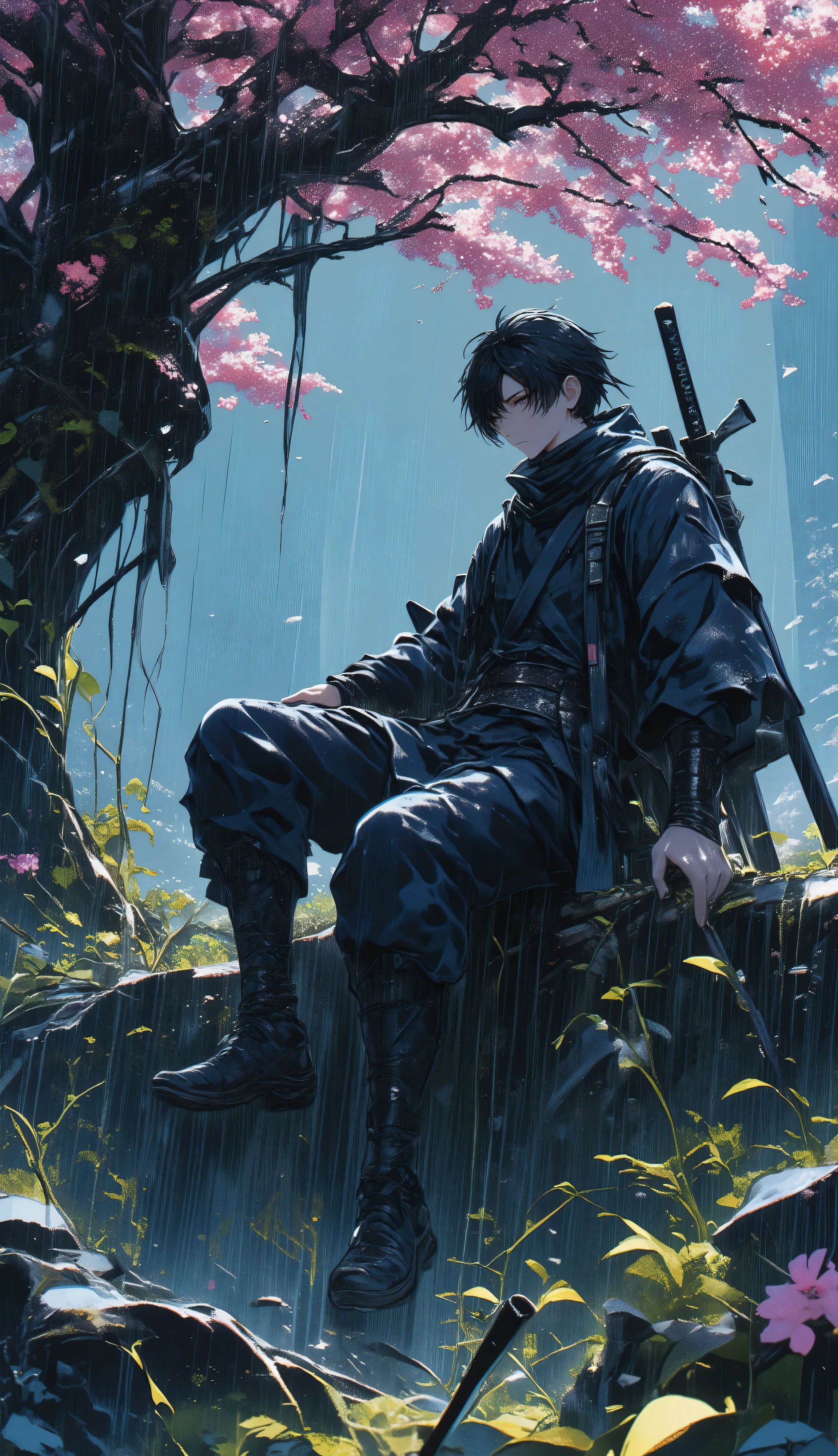 The background is Higanbana and Taiki、a man leaning on Taiki、Ninja Outfit、hanging a ninja sword、high image quality、High Quality、it is raining quietly、contrast between light and shadow、masterpiece