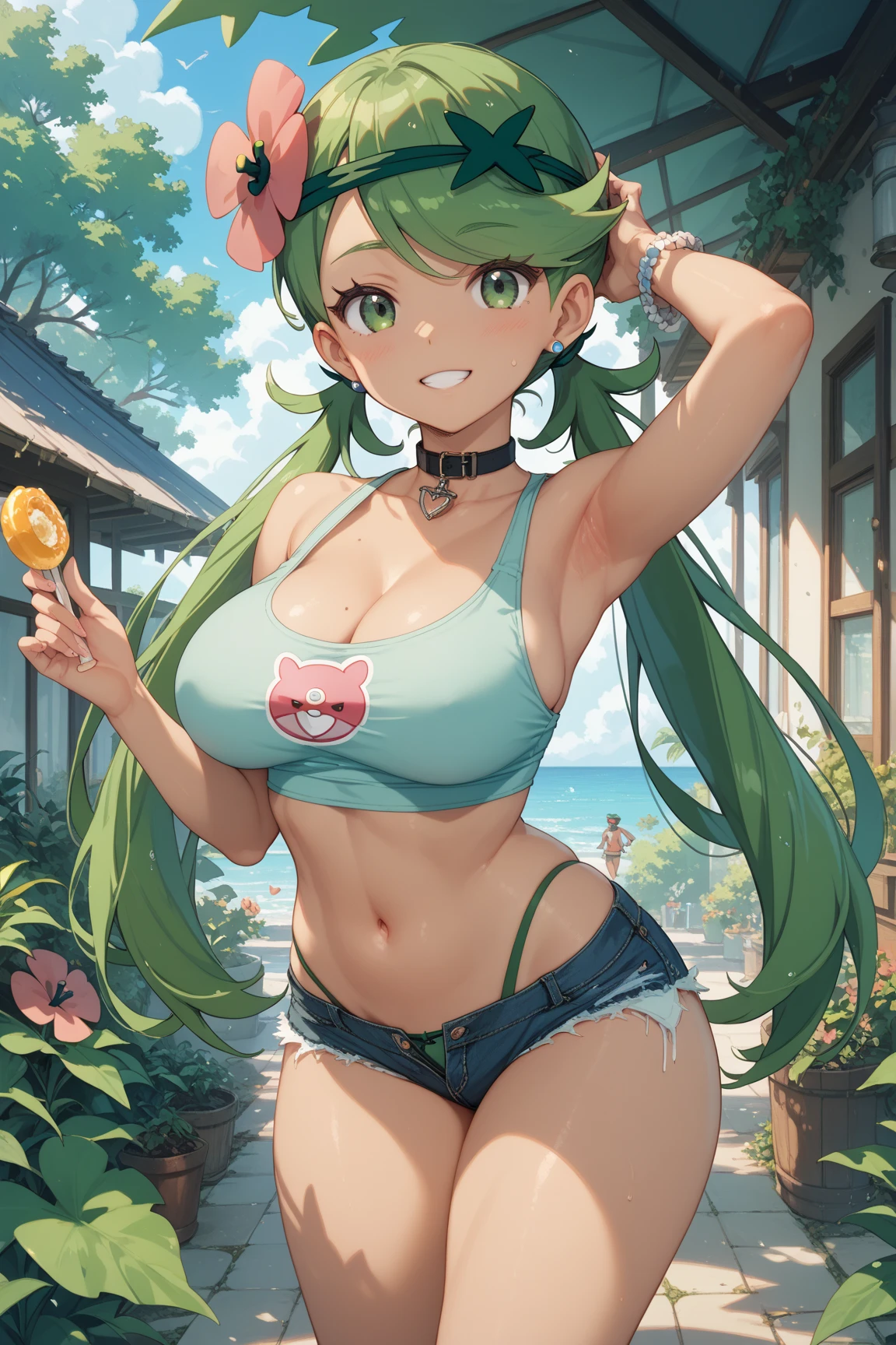 Lucoa en chibi, sonriente, feliz, sentada sobre un arcoiris, leyendo, pomulos sonrojados, ruborizada, ojos cerrados