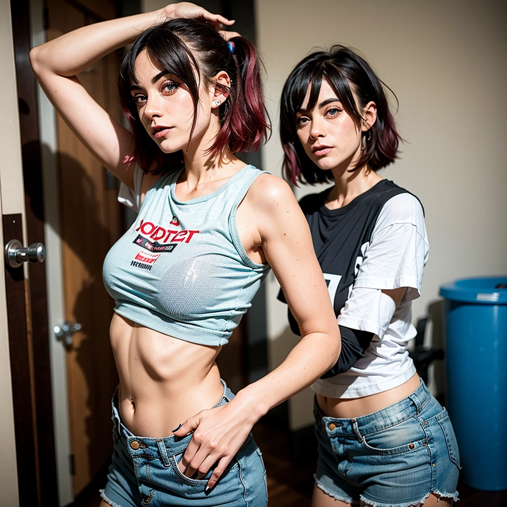 (2heads), (1boy:1.8), (male female couple, blue eyes:1.2), multicolored hair, short hair, braid, long hair, (handsome:1.5), (masculine:1.5), (masterpiece), (high quality), (best resolution), :D, looking at viewer, anime convention, beautiful background, hand on hip, shirt with logo on it, tights, wide hips, thick thighasculine chest:1.3), (flatchested), irish, 27 years old