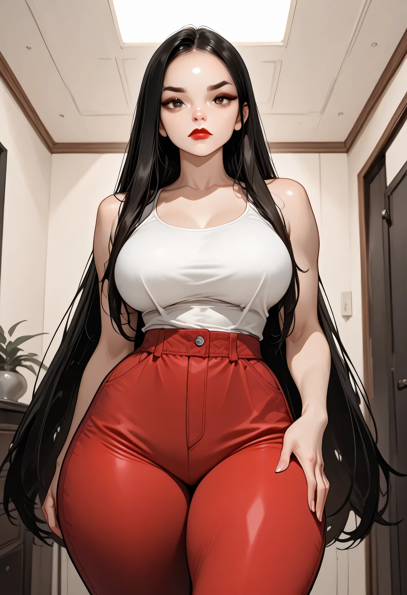 (indoors), 1girl, perfect body, black hair, very long hair, straight hair, (forehead), black thin eyebrows, big brown eyes, black eyeliners, nose, red lips, closed mouth, beautiful girl, large breasts, white tank top, (thick thighs:1.2), red pants, hand on hip, (tank top, breasts), looking at viewer, pov