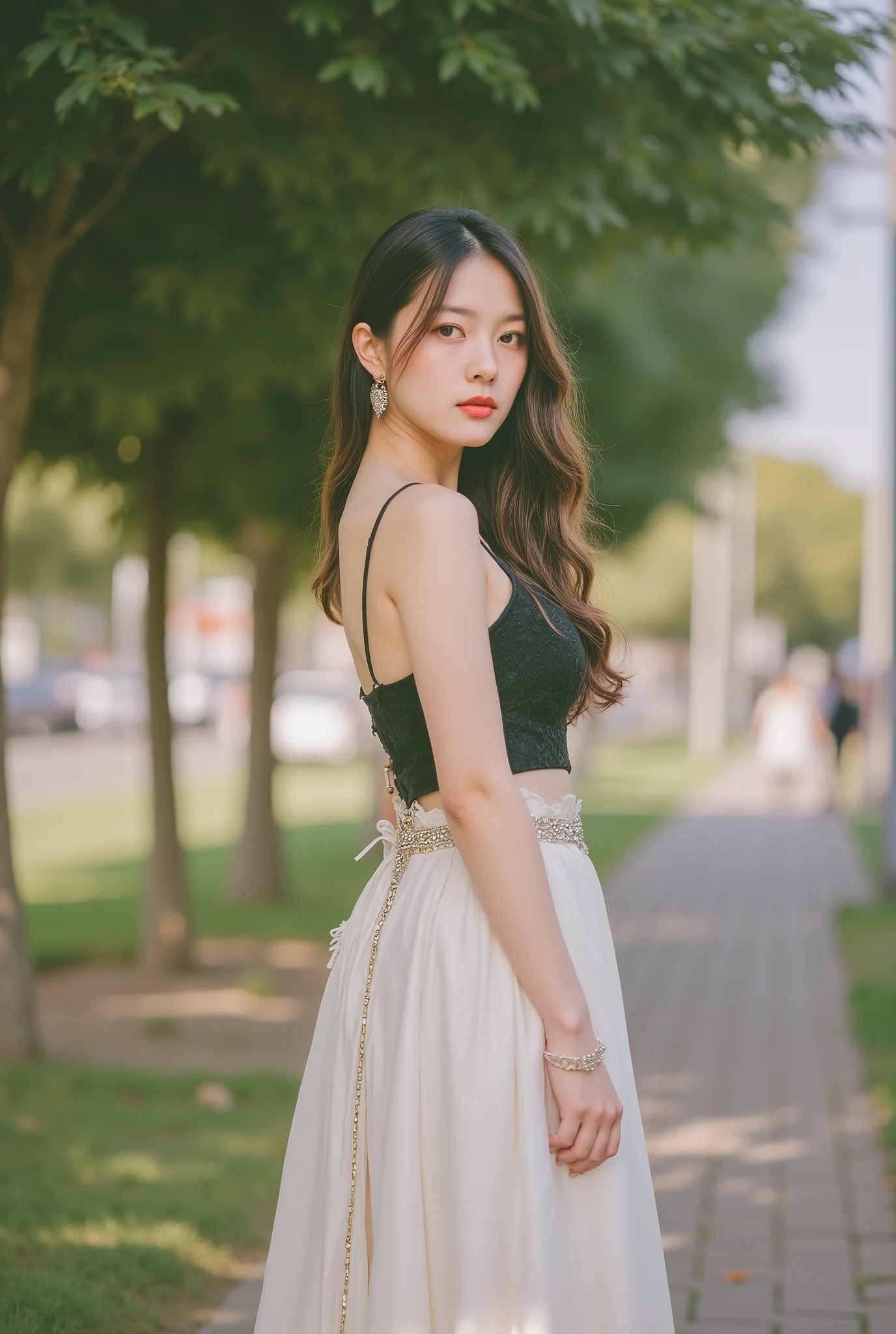 luxury fashion photo of a Japanese model wearing a specially designed black and white dress, (big boobs:1.5),tight waist shows proportions, The long skirt flutters, Sexy Pose, Realistic Sharp Face, Pastel Finished Backdrop, proportions up to your legs,Clean Specular Highlights、precise shadows、ultra high image quality、Realistic Skin Textures、fine texture of premium fabric :: 85mm lens texture、shallow depth of field、Studio Proofreading White Balance、delicate film grain