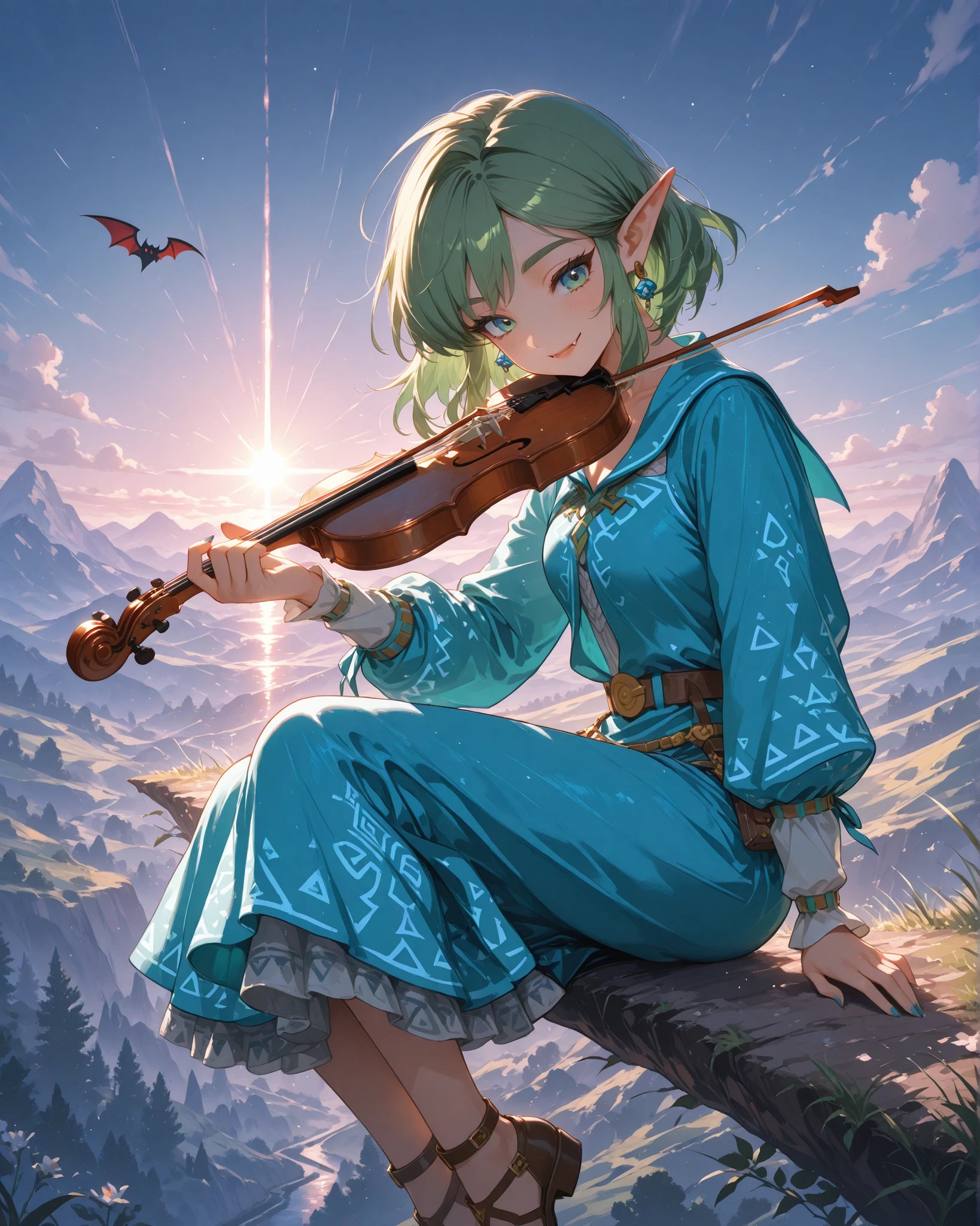 Link,,side angle, (Obra-prima, 4k, ultra-detalhado, bright and vibrant colors), {Lephanie}: (a beautiful and attractive woman with short green hair, olhos verdes, wearing a blue outfit inspired by The Legend of Zelda, playing violin while sitting on the edge of a beautiful landscape with a smile on her face showing vampire fangs), Background like a retro video game, illuminated and with natural shadows.