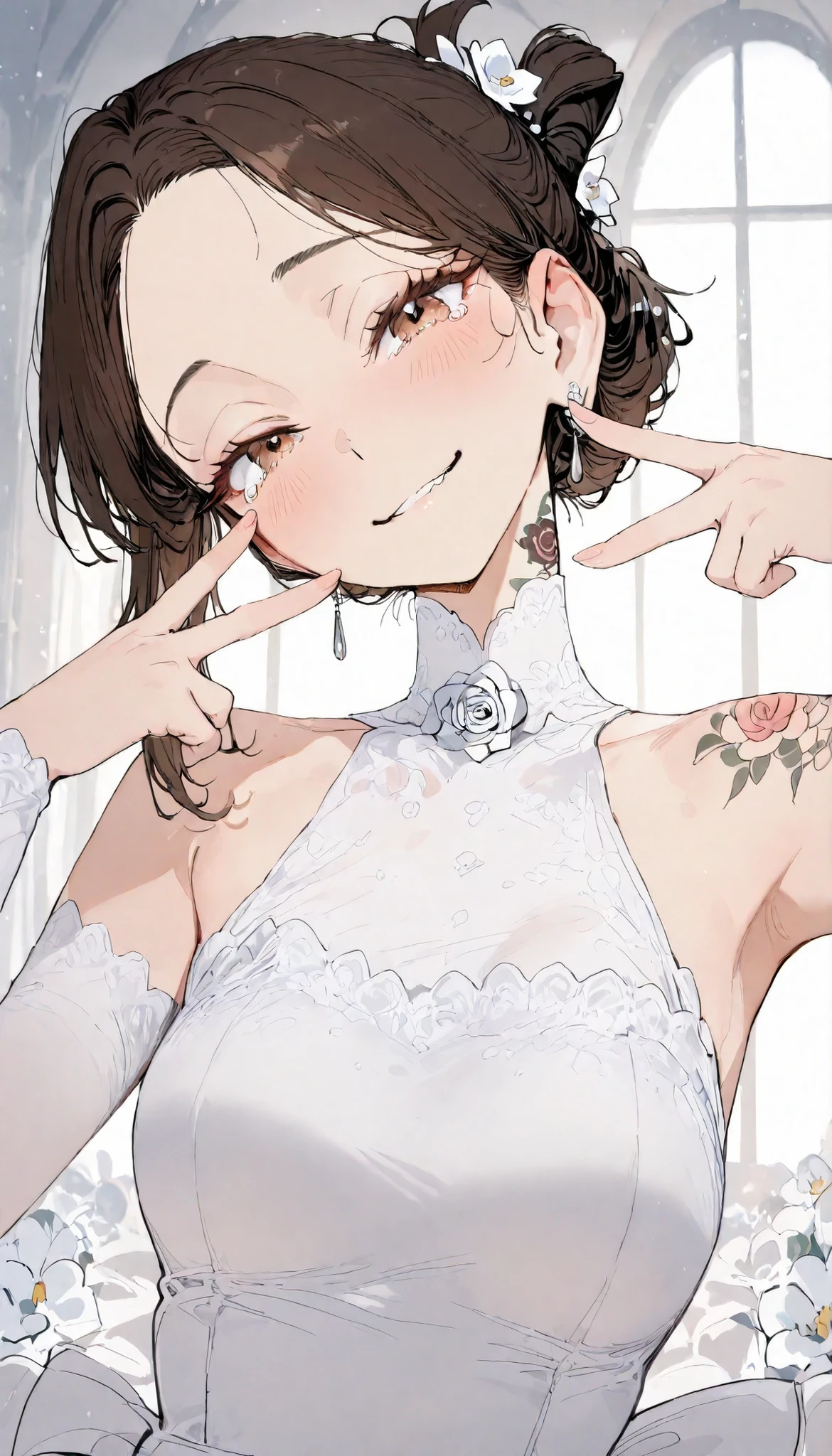 Masterpiece, top quality, very detailed , Animation Style, Japanese illustration style, slim, handsome lady, (black short Updo, no bangs, fine hair styling hair), detailed brown eyes, medium breasts, alone, look at viewer. sharp gaze, blush, (Neck rose tattoo.), (sleeve tattoo), (pelvis tattoo), silver earring. lightweight fabric, comfortable fit, white Off-the-Shoulder sleeveless A-Line Wedding Dress, offwedding ceremony, white flower decoration. morning sunlight, smile. wedding hall, upper body. Tears well up in my eyes. double v sign, upper body. lip biting. upper body. open mouth.