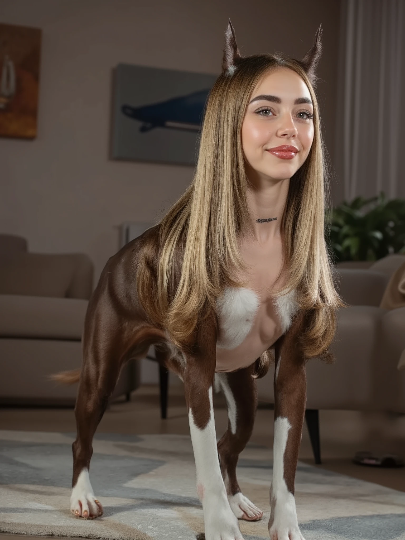 (masterpiece, High quality, high resolution hairstyle, Fotografía hiperrealista), majestic anthropomorphic female Boston Terrier, hybrid creature standing on all four legs, humanized canine anatomy in elegant posture, beautiful female face with delicate features, long, silky blond hair falling on the shoulders, Boston Terrier ears crowning the head, bright and expressive canine eyes, body completely covered with soft shiny fur, long and elegant tail that moves to maintain balance, height proportional to an adult woman, defined muscles under the fur, proud and elegant posture, Flirty and happy. Modern home interior, LED lighting creating sharp shadows and dramatic contrasts, detailed realistic textures, perfect details of hair and skin, 8K, professional lighting, balanced composition, depth of field