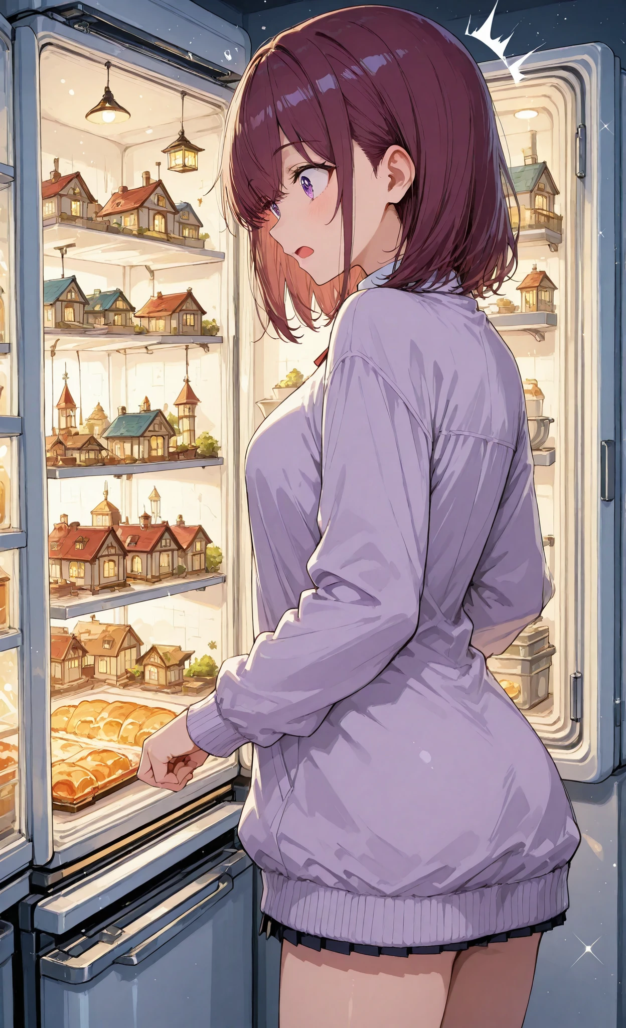 burgundy shorthair, purple eyes, anime style, high quality, detailed illustration,

a young anime girl standing in front of an open refrigerator,
the refrigerator door is fully open to the right,
bright cold light coming from inside,

inside the refrigerator is a glowing miniature fantasy world,
a tiny magical landscape with miniature houses, rivers, floating lights, small mountains,
soft magical light and sparkling particles spreading outward,

the girl is on the left side of the image,
she is shown in side profile (side view), her face turned toward the refrigerator,
burgundy hair, purple eyes, shoulder-length hair,
wearing simple home clothing,
her expression is surprised and amazed,

clear composition: girl on the left (side profile), open refrigerator on the right, miniature world inside,
soft anime shading, clean modern kitchen background,
gentle light bloom from the tiny world