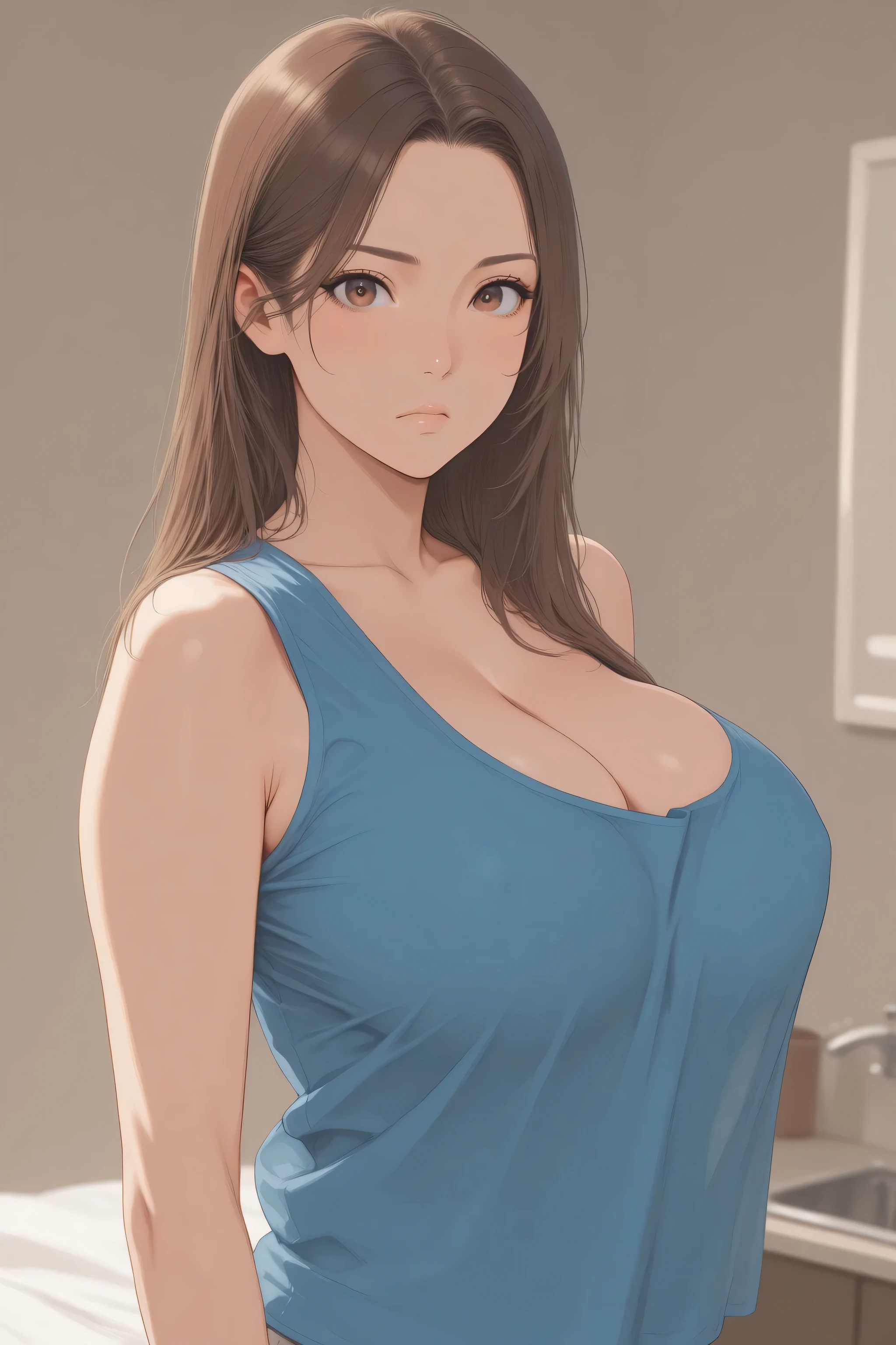 perfect face, feminine, brown hair, brown eyes, blue tank top, ((large breasts))