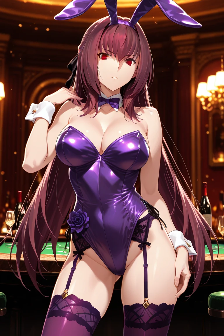 score_9, score_8_up, score_7_up, source_anime,
scathach, <lora:scathach-ponyxl-lora-nochekaiser:1>,
scathach, long hair, purple hair, red eyes,
animal ears, cleavage, detached collar, fake animal ears, fishnet pantyhose, fishnets, highleg, highleg leotard, leotard, official alternate costume, pantyhose, playboy bunny, purple leotard, rabbit ears, thighs, wrist cuffs,
indoors, casino, bent over,
looking at viewer, dutch angle, cowboy shot,
