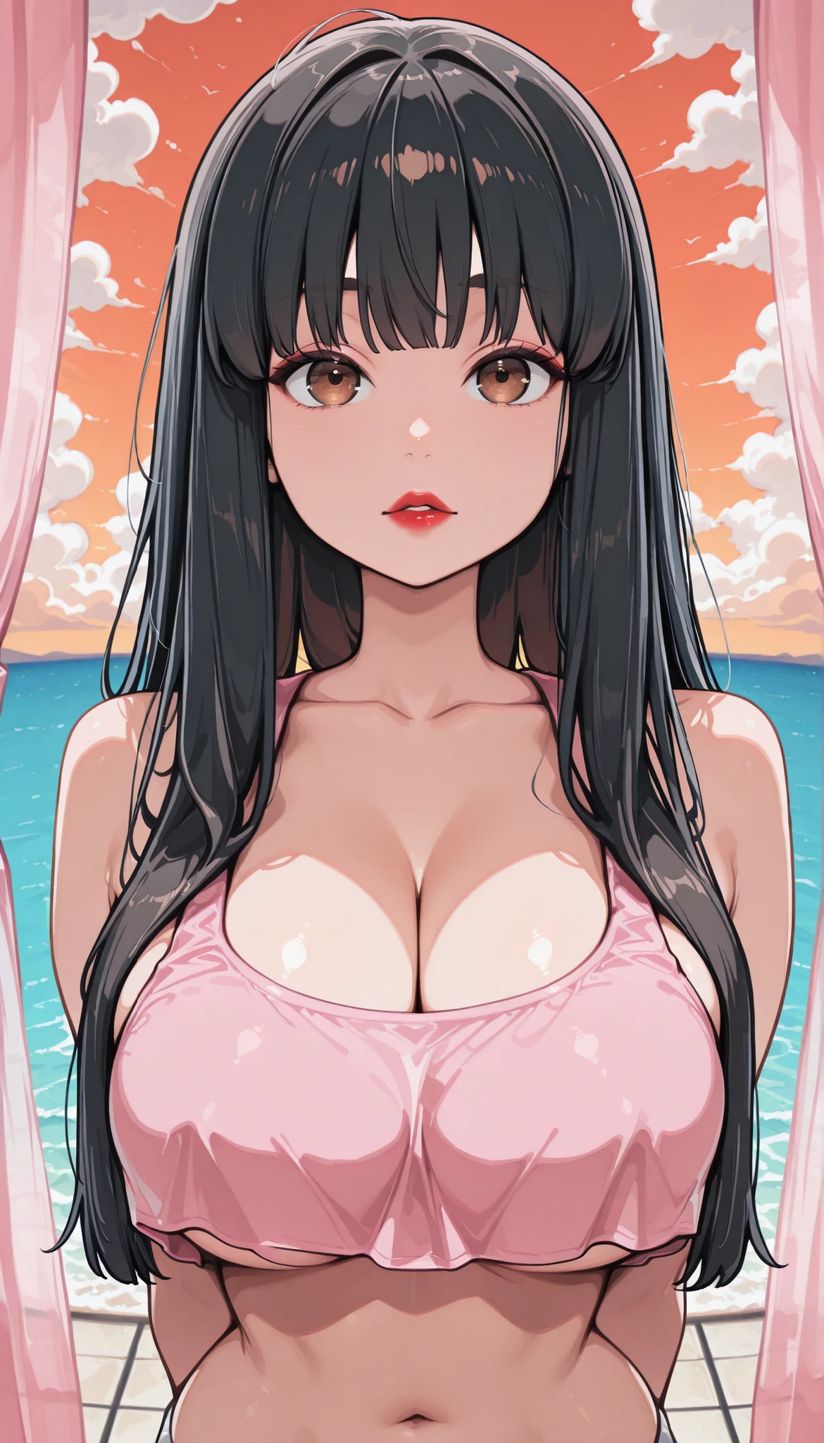 Perfect Face, Perfect Body, Black Hair, (Long Hair, Bangs Curtain Hair), Black Thin Eyebrows, Brown Eyes, Red Lips, Collarbone, Cleavage, ((Large Breasts)), Pink Crop Top, Underboob, Navel, Arms Behind Back, (Looking At Viewer, Pov), Orange Sky, Cloud Sky, Sea