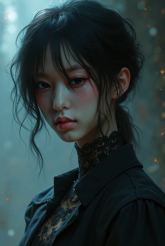 stunning front portrait photo of chinese woman head, curly bob hair, looking directly to the camera, dark brown eyes, face covered by water, capturing the intricate details, ultra realistic, significant colors salmon pink beige coral red, brightly lit, dark background, rain, wet face, tropical dense forest--ar 3:4 --stylize 350 --v 6